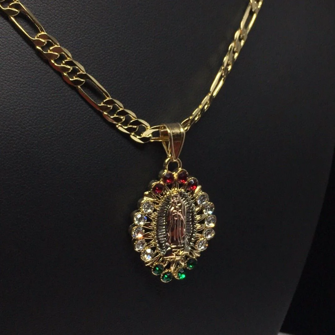 Gold Plated Tri-Color Virgin Mary Pendant Color Stones 26" Chain / Virgen De Guadalupe Medalla Tres Oros Con Piedras Color Cadena 26" Oro Laminado - Image 10