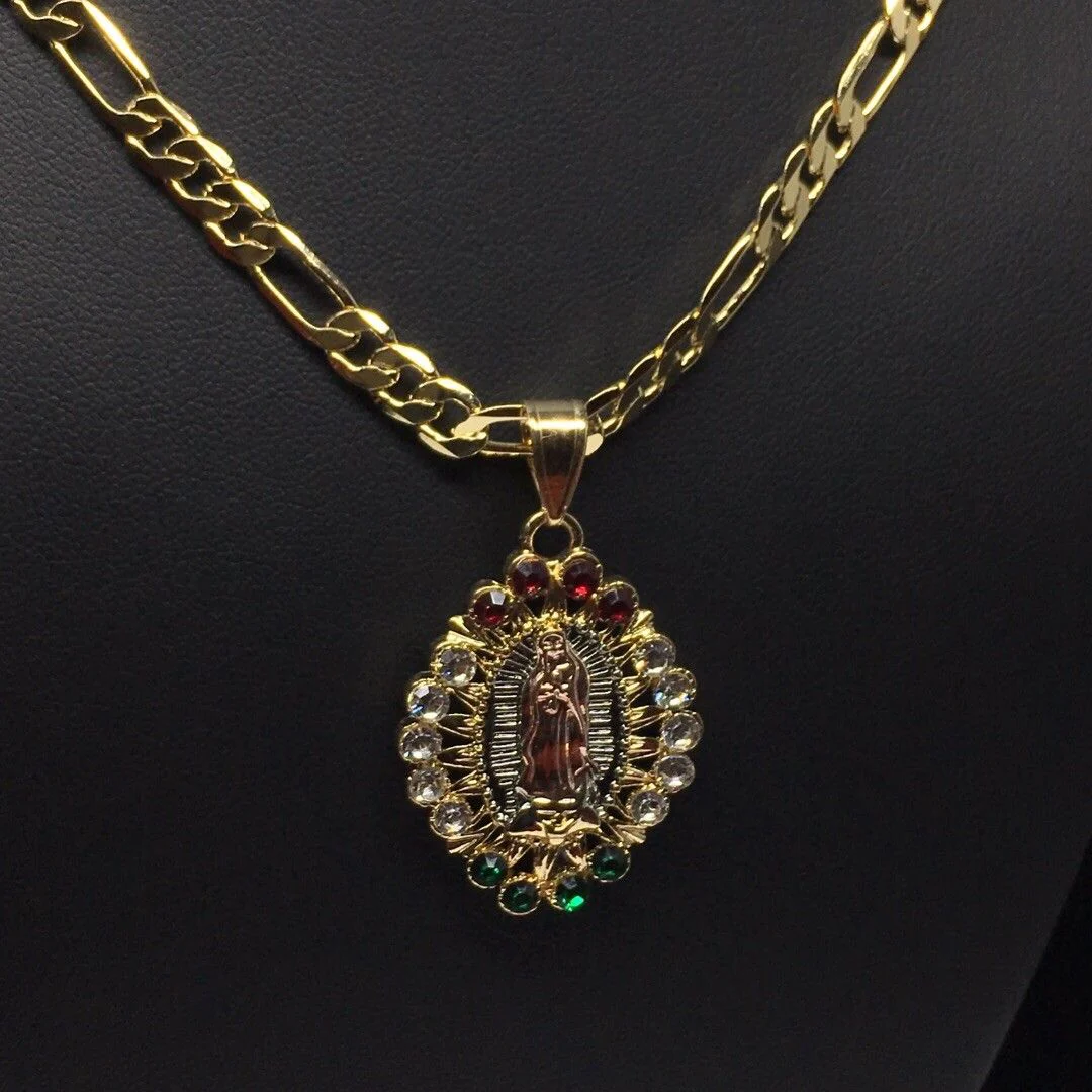Gold Plated Tri-Color Virgin Mary Pendant Color Stones 26" Chain / Virgen De Guadalupe Medalla Tres Oros Con Piedras Color Cadena 26" Oro Laminado - Image 11