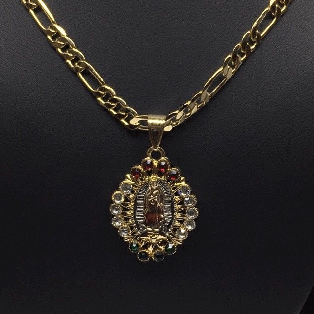 Gold Plated Tri-Color Virgin Mary Pendant Color Stones 26" Chain / Virgen De Guadalupe Medalla Tres Oros Con Piedras Color Cadena 26" Oro Laminado - Image 12