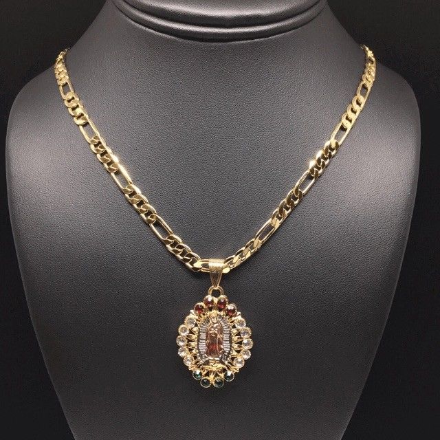 Gold Plated Tri-Color Virgin Mary Pendant Color Stones 26" Chain / Virgen De Guadalupe Medalla Tres Oros Con Piedras Color Cadena 26" Oro Laminado - Image 2