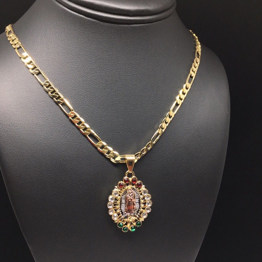 Gold Plated Tri-Color Virgin Mary Pendant Color Stones 26" Chain / Virgen De Guadalupe Medalla Tres Oros Con Piedras Color Cadena 26" Oro Laminado - Image 4