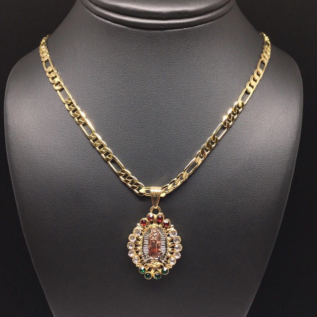 Gold Plated Tri-Color Virgin Mary Pendant Color Stones 26" Chain / Virgen De Guadalupe Medalla Tres Oros Con Piedras Color Cadena 26" Oro Laminado - Image 5
