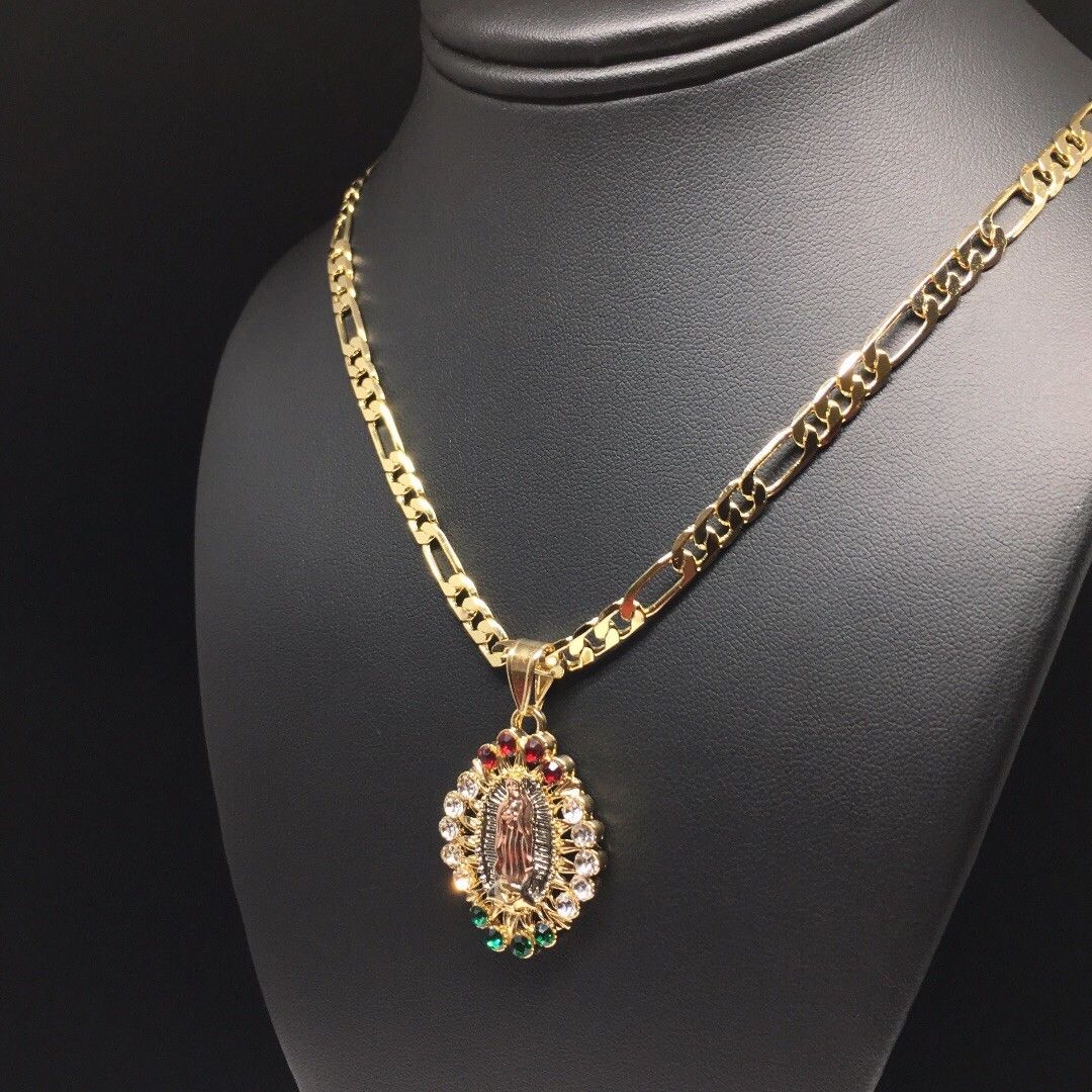 Gold Plated Tri-Color Virgin Mary Pendant Color Stones 26" Chain / Virgen De Guadalupe Medalla Tres Oros Con Piedras Color Cadena 26" Oro Laminado - Image 7
