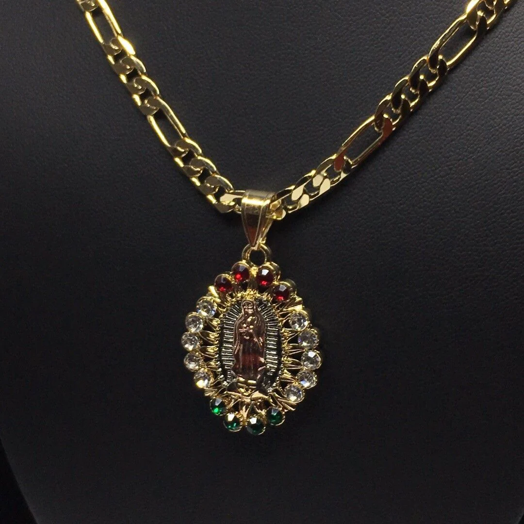 Gold Plated Tri-Color Virgin Mary Pendant Color Stones 26" Chain / Virgen De Guadalupe Medalla Tres Oros Con Piedras Color Cadena 26" Oro Laminado - Image 8