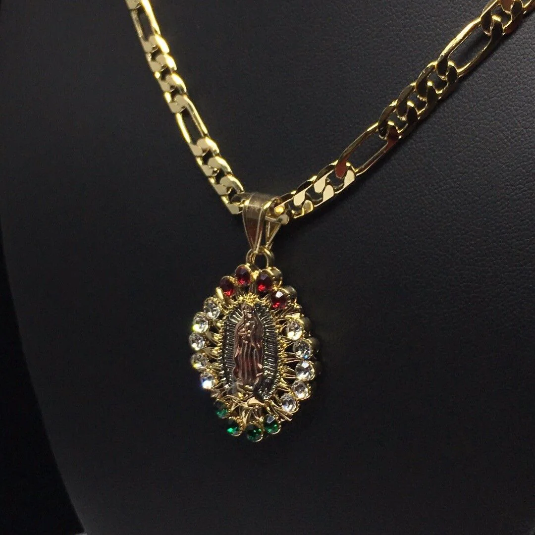 Gold Plated Tri-Color Virgin Mary Pendant Color Stones 26" Chain / Virgen De Guadalupe Medalla Tres Oros Con Piedras Color Cadena 26" Oro Laminado - Image 9