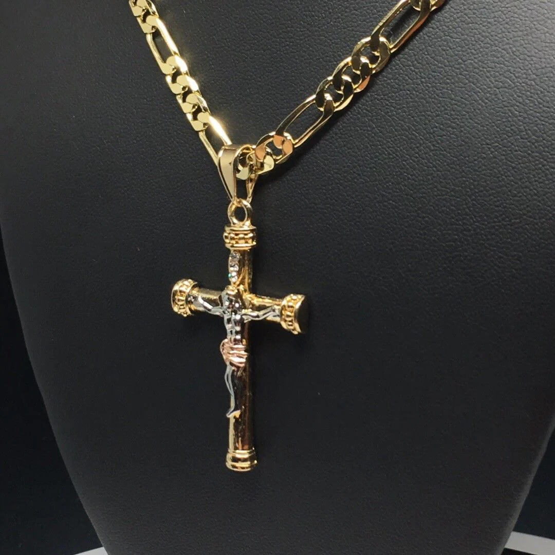 Gold Plated Tri-Color Jesus Cross Crucifix 26" Chain / Cruz De Tres Colores Jesus Cruz Crucifijo Cadena 26" - Image 10