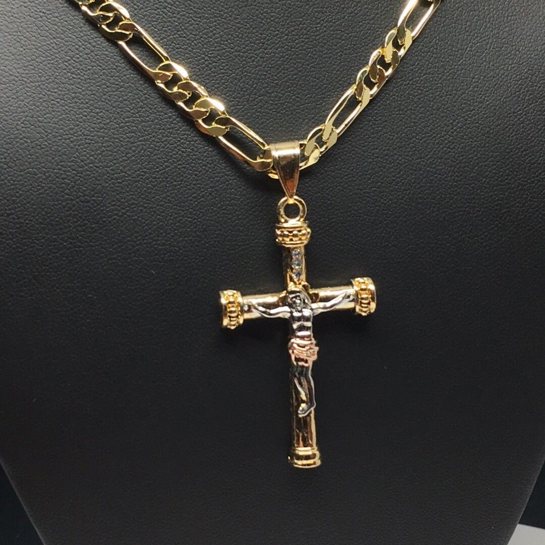 Gold Plated Tri-Color Jesus Cross Crucifix 26" Chain / Cruz De Tres Colores Jesus Cruz Crucifijo Cadena 26" - Image 11