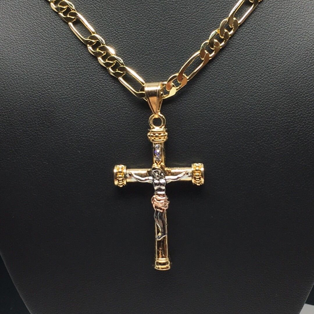 Gold Plated Tri-Color Jesus Cross Crucifix 26" Chain / Cruz De Tres Colores Jesus Cruz Crucifijo Cadena 26" - Image 12