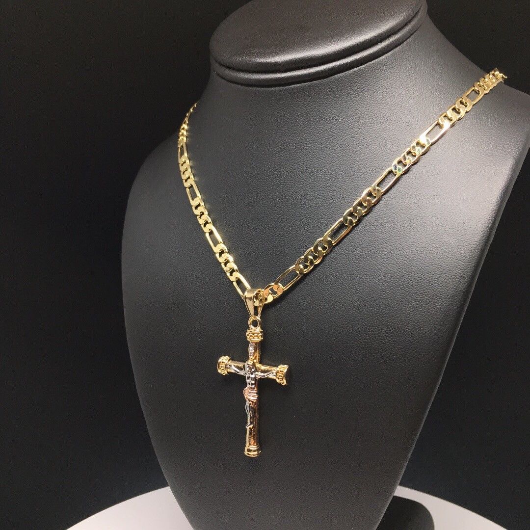 Gold Plated Tri-Color Jesus Cross Crucifix 26" Chain / Cruz De Tres Colores Jesus Cruz Crucifijo Cadena 26" - Image 3