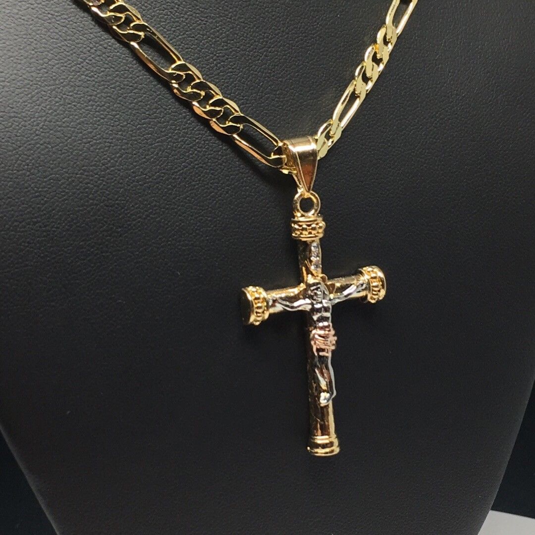 Gold Plated Tri-Color Jesus Cross Crucifix 26" Chain / Cruz De Tres Colores Jesus Cruz Crucifijo Cadena 26" - Image 6