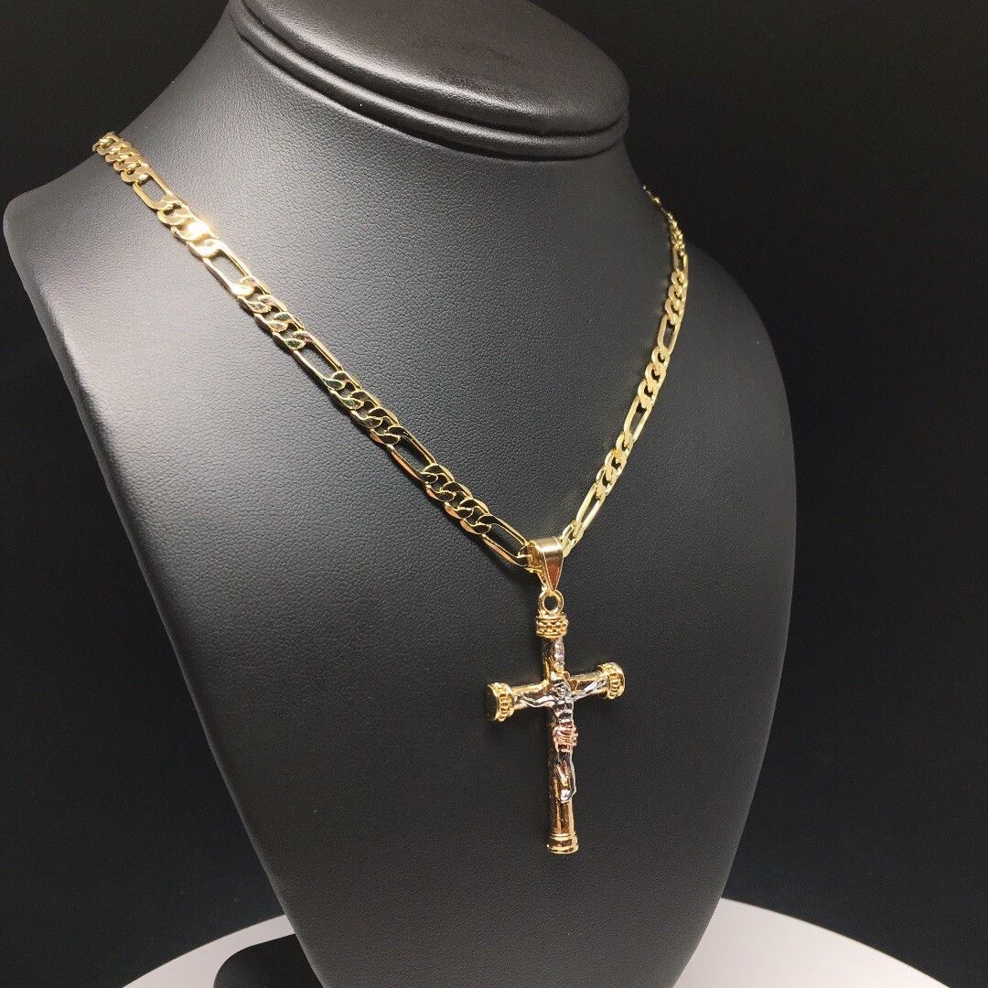 Gold Plated Tri-Color Jesus Cross Crucifix 26" Chain / Cruz De Tres Colores Jesus Cruz Crucifijo Cadena 26" - Image 8