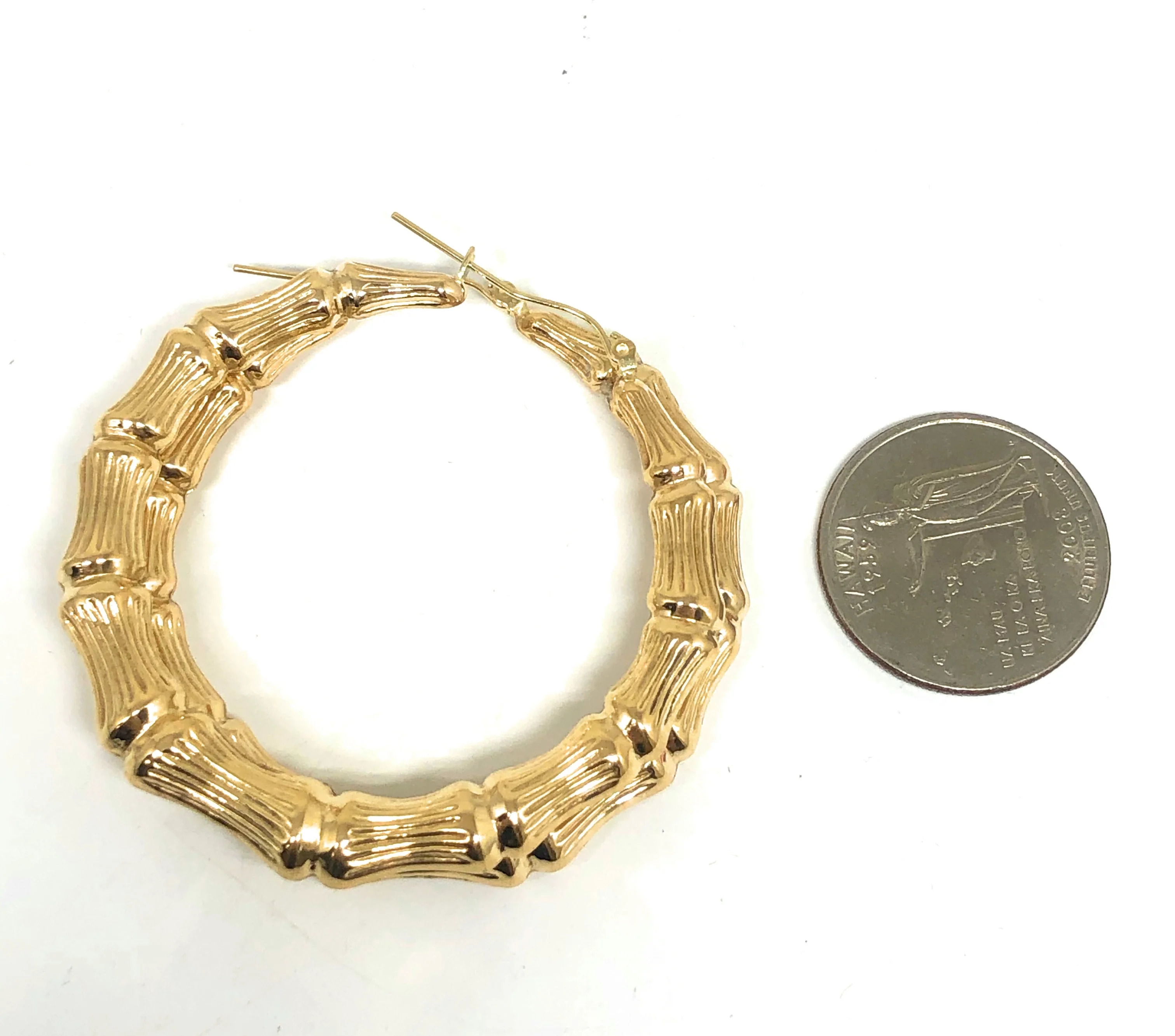 10k Solid Gold Yellow Bamboo Hoop Earrings 2 INCH Arracadas - Image 2
