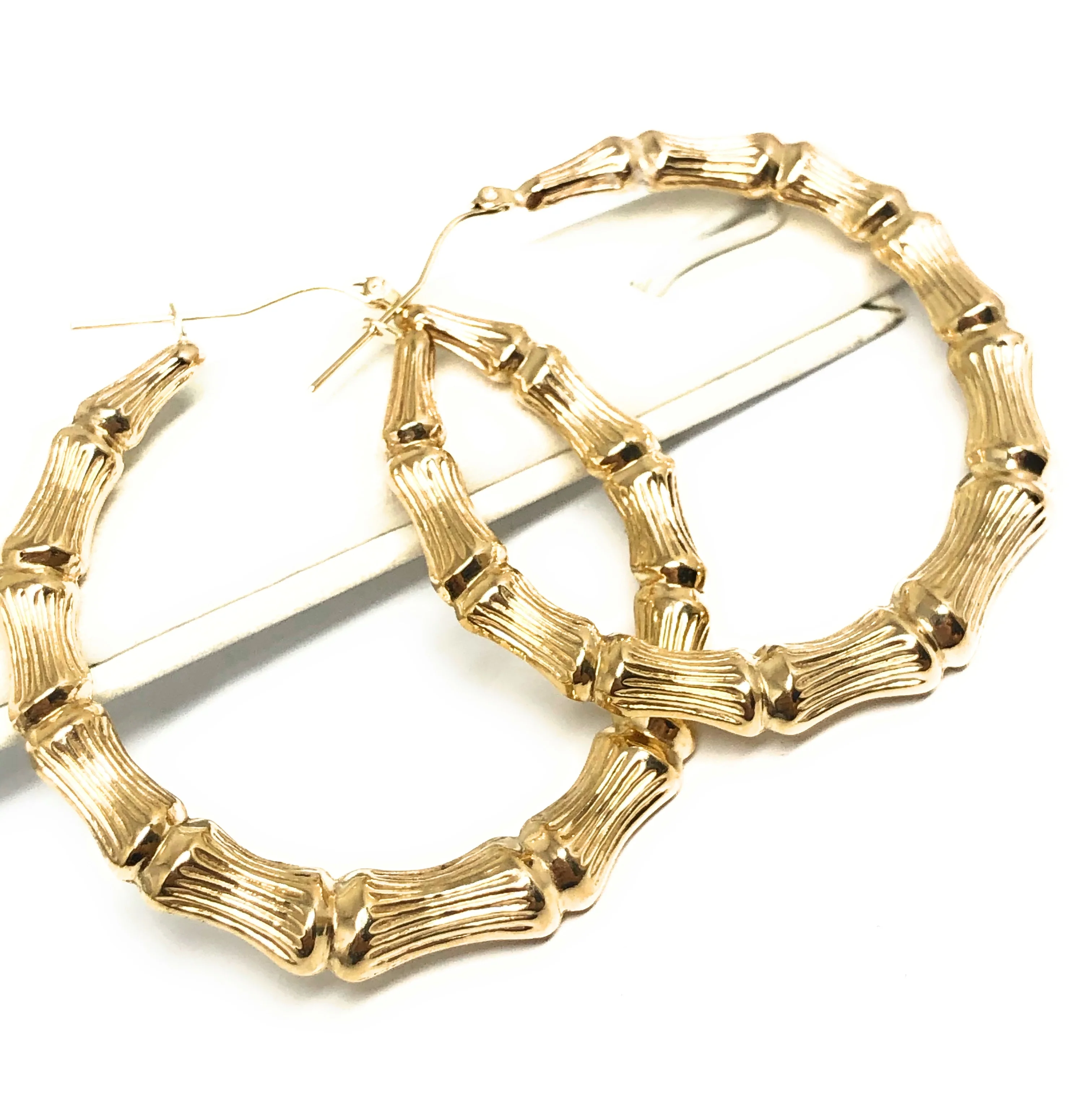 10k Solid Gold Yellow Bamboo Hoop Earrings 2 INCH Arracadas - Image 3