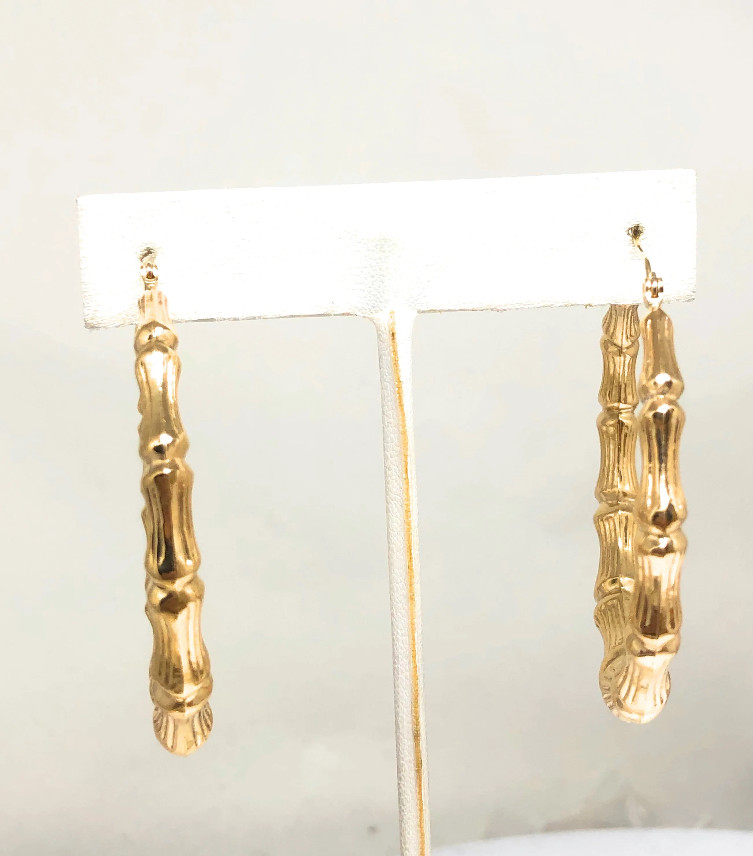 10k Solid Gold Yellow Bamboo Hoop Earrings 2 INCH Arracadas - Image 4
