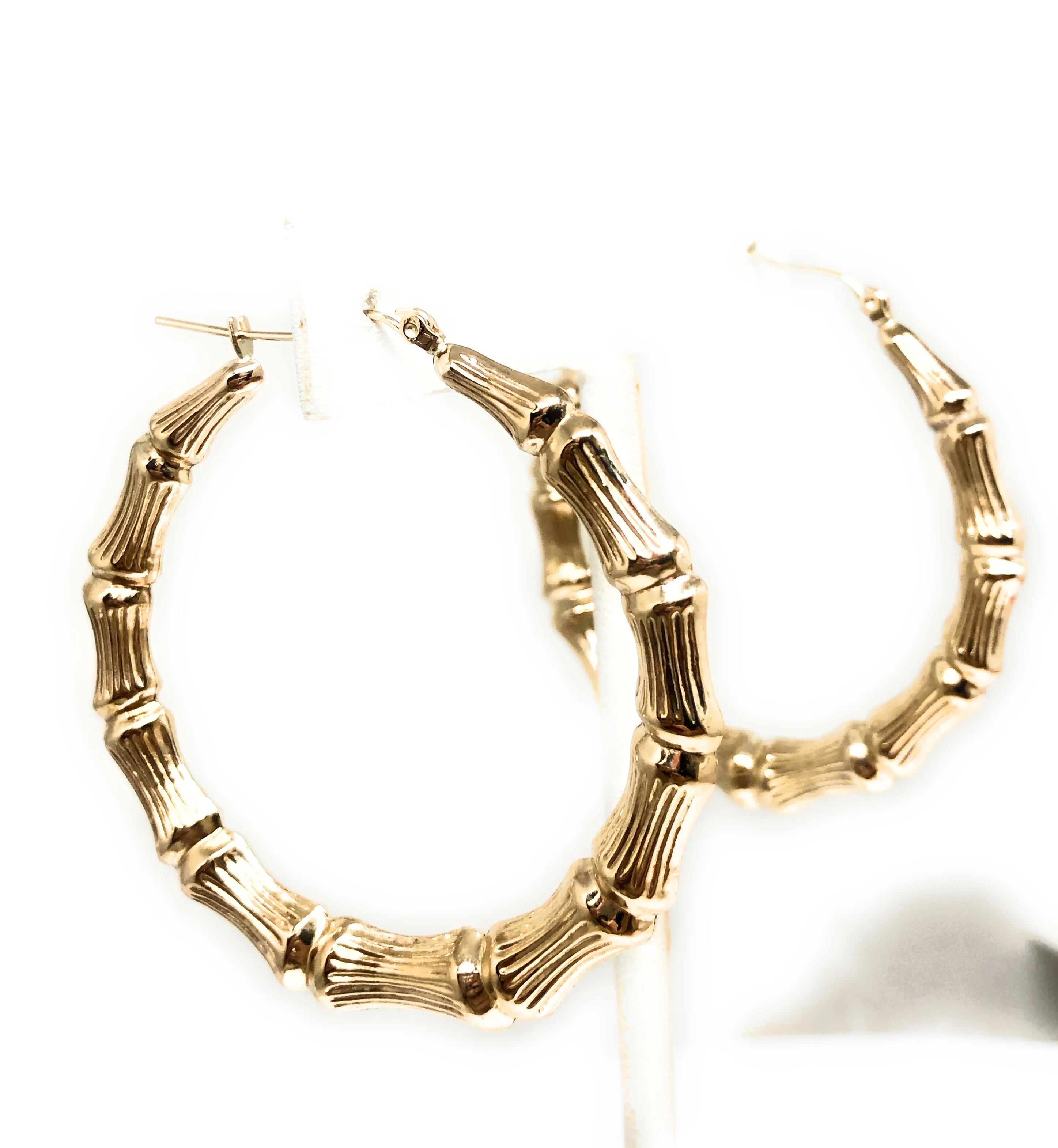 10k Solid Gold Yellow Bamboo Hoop Earrings 2 INCH Arracadas - Image 5