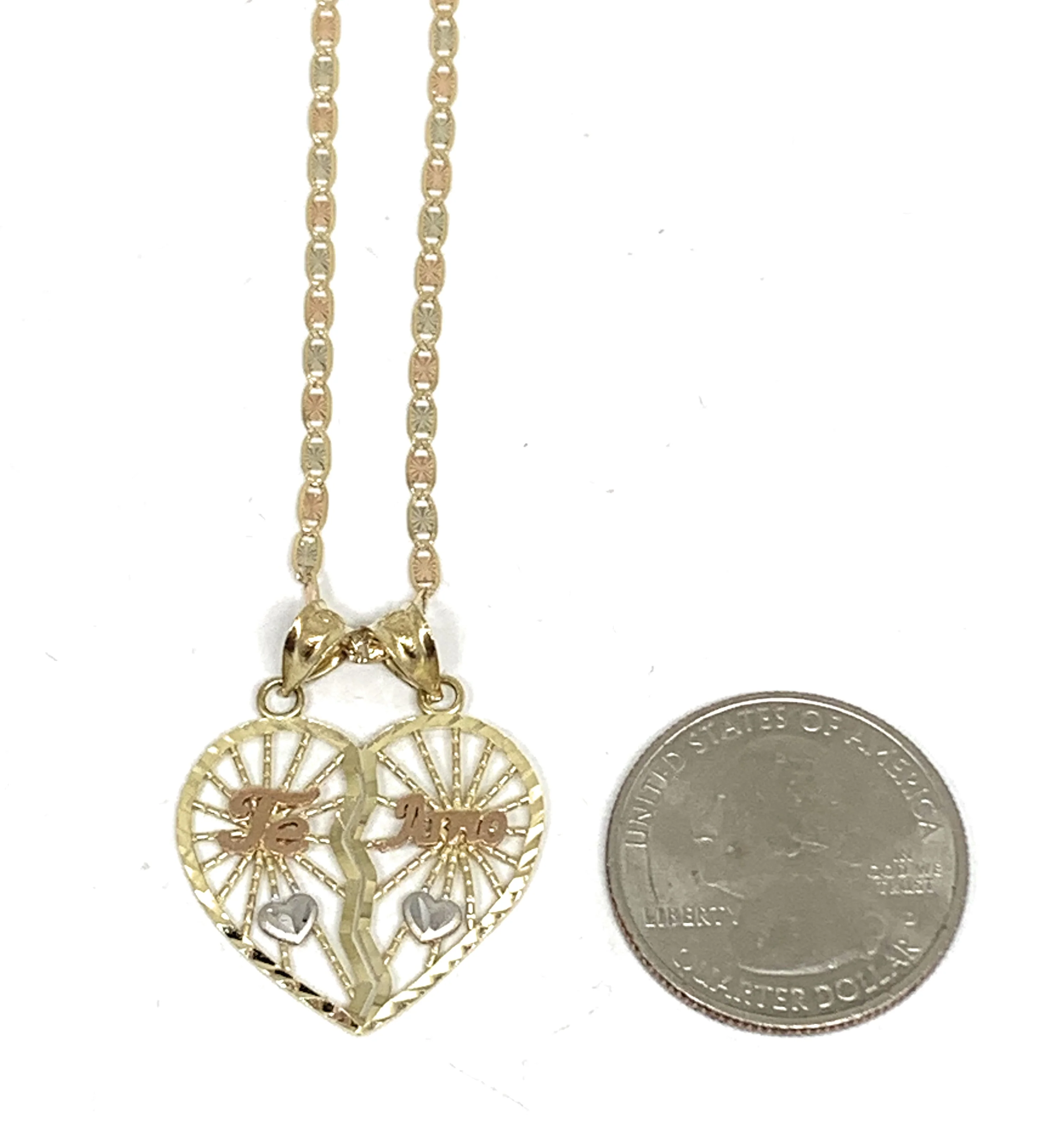 10k Solid Gold Yellow & Rose Gold "Te Amo" Heart Split Clear Pendant With Chain - Image 2