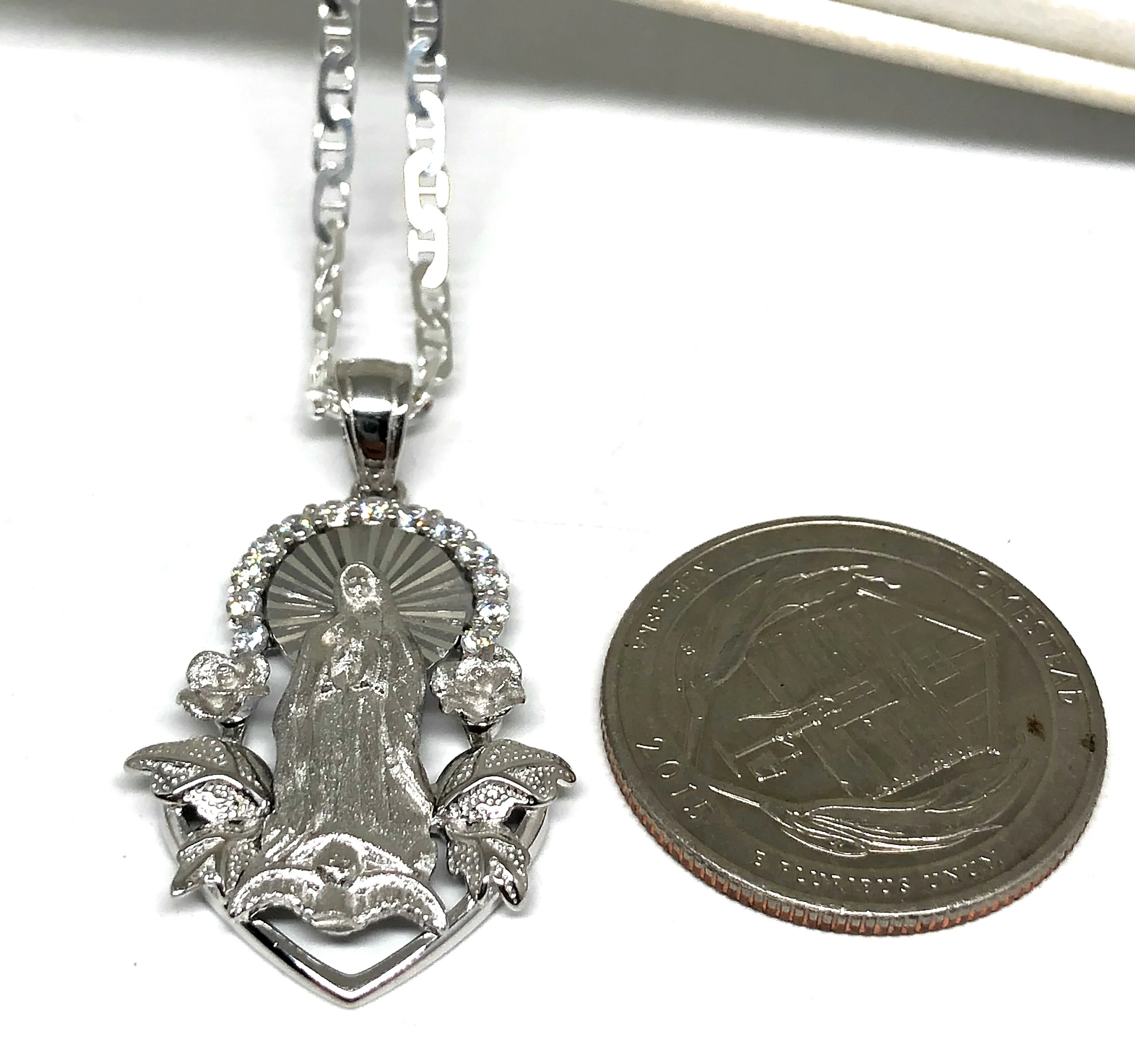 .925 Silver Virrgin Marry Pendant Roses CZ Necklace with Chain Options - Image 3