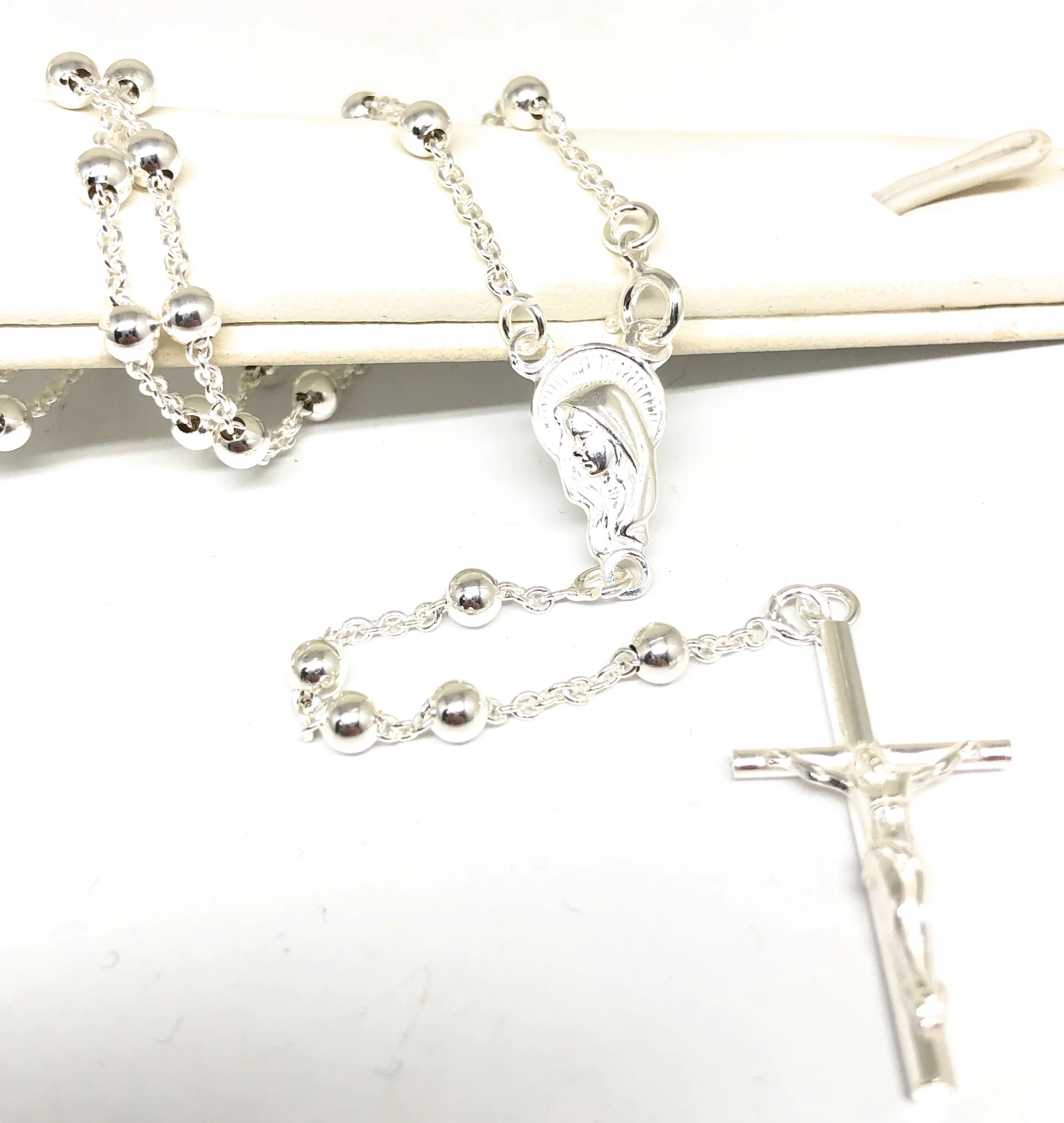 .925 Silver Virrgin Marry Rosarry Jesus Crucifix 30 inch 4mm Rossario - Image 2