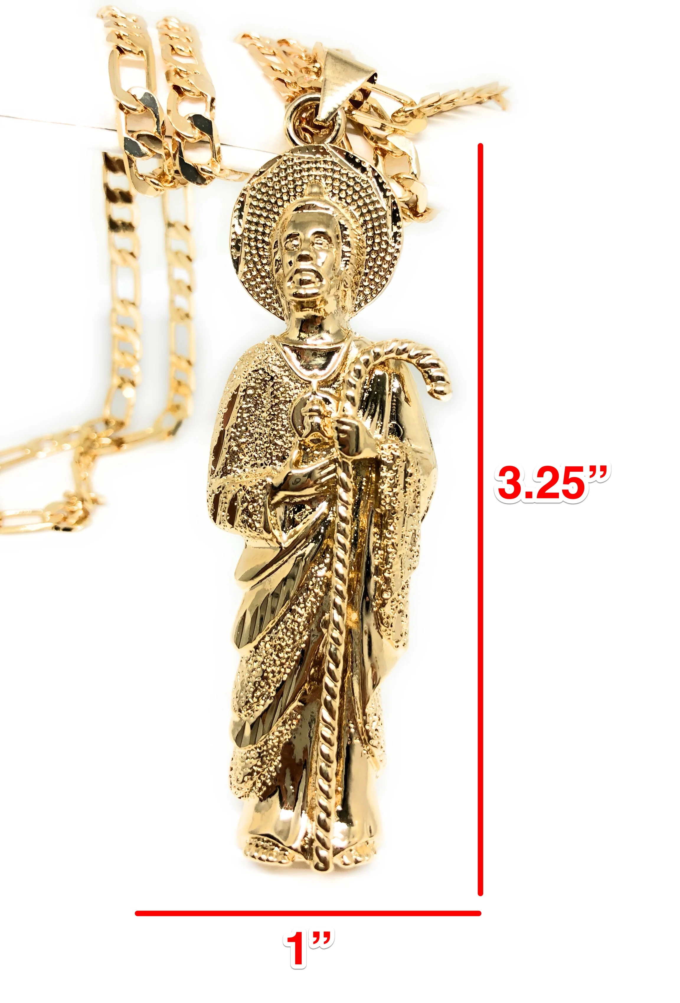 Gold Plated Big Saint Jude Pendant Necklace Figaro 26" San Judas Tadeo Medalla XL Cadena Oro - Image 3