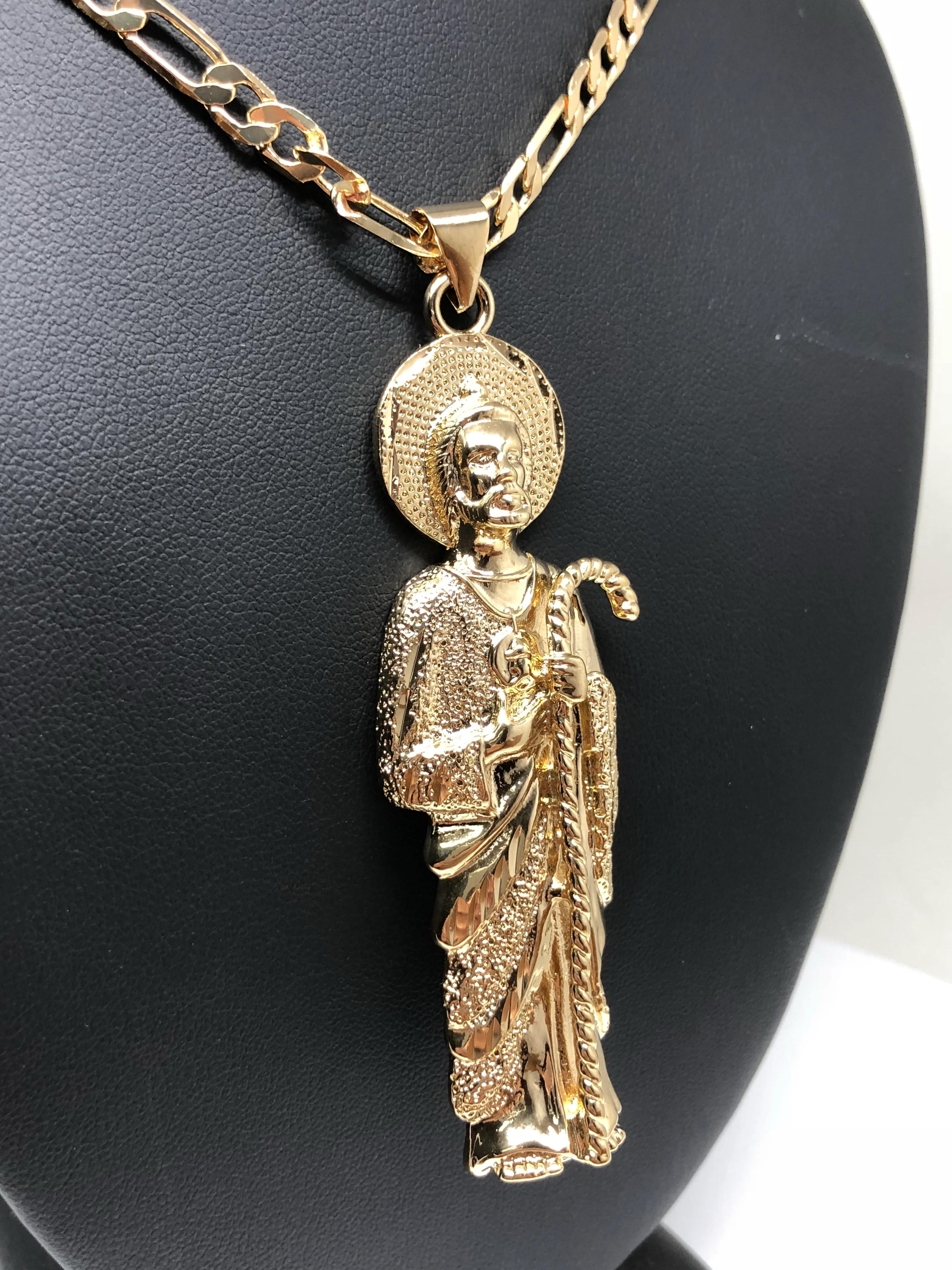 Gold Plated Big Saint Jude Pendant Necklace Figaro 26" San Judas Tadeo Medalla XL Cadena Oro - Image 4