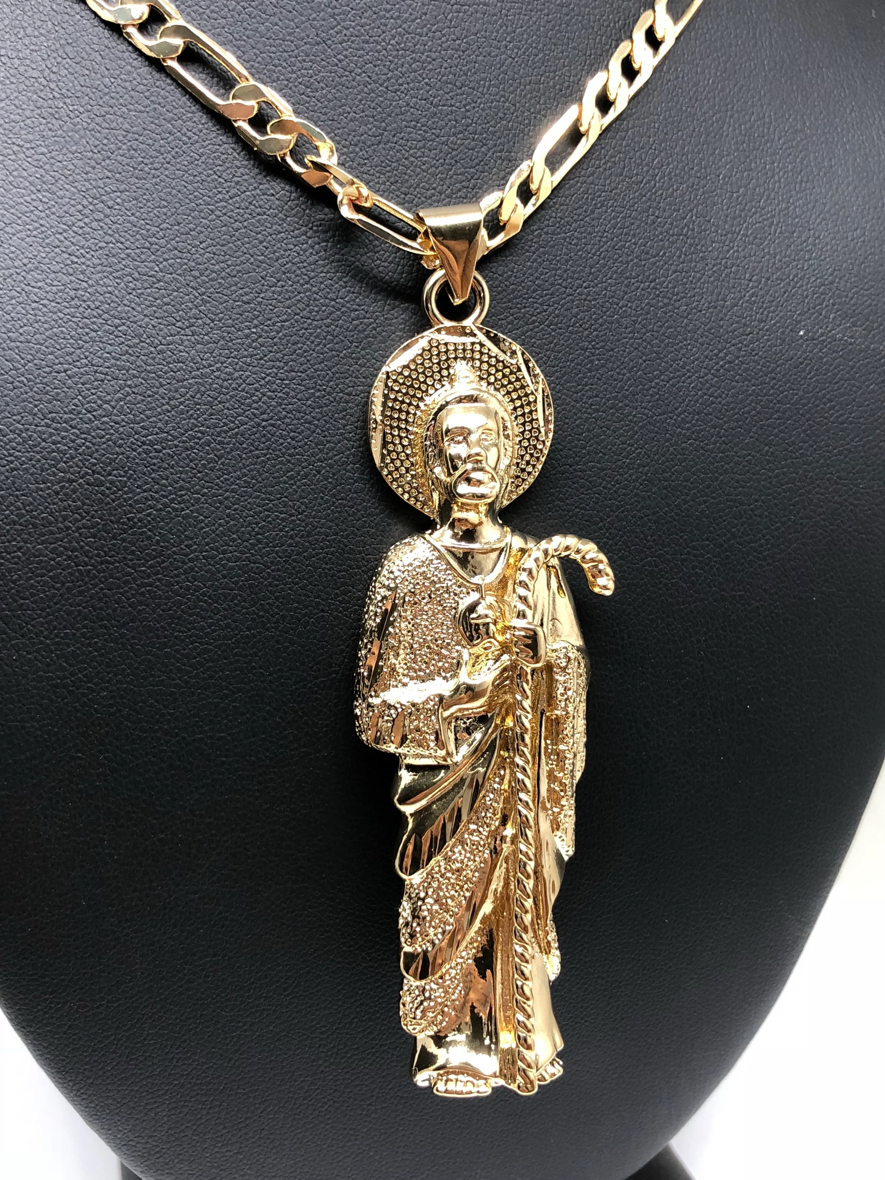 Gold Plated Big Saint Jude Pendant Necklace Figaro 26" San Judas Tadeo Medalla XL Cadena Oro - Image 5