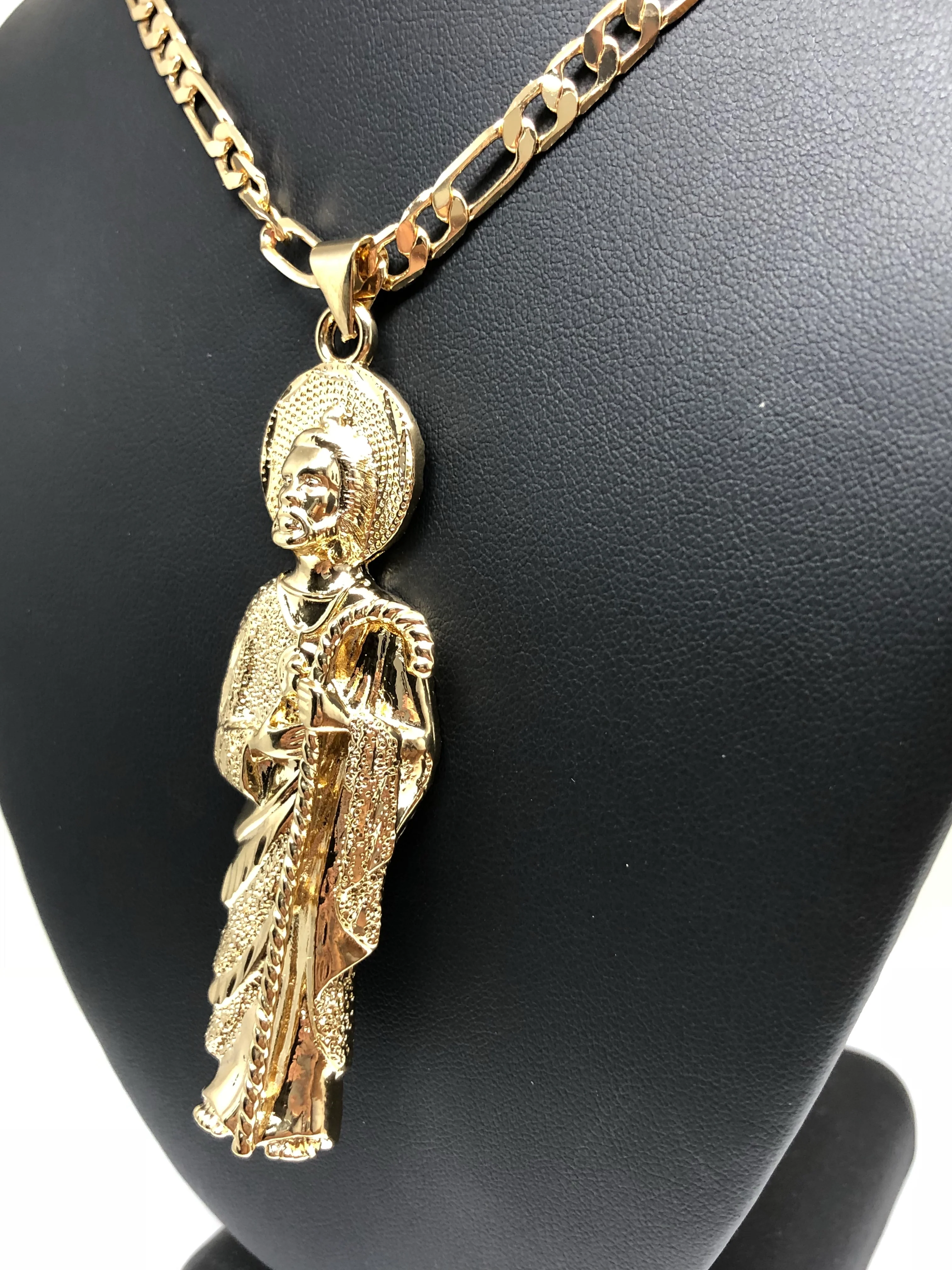 Gold Plated Big Saint Jude Pendant Necklace Figaro 26" San Judas Tadeo Medalla XL Cadena Oro - Image 6