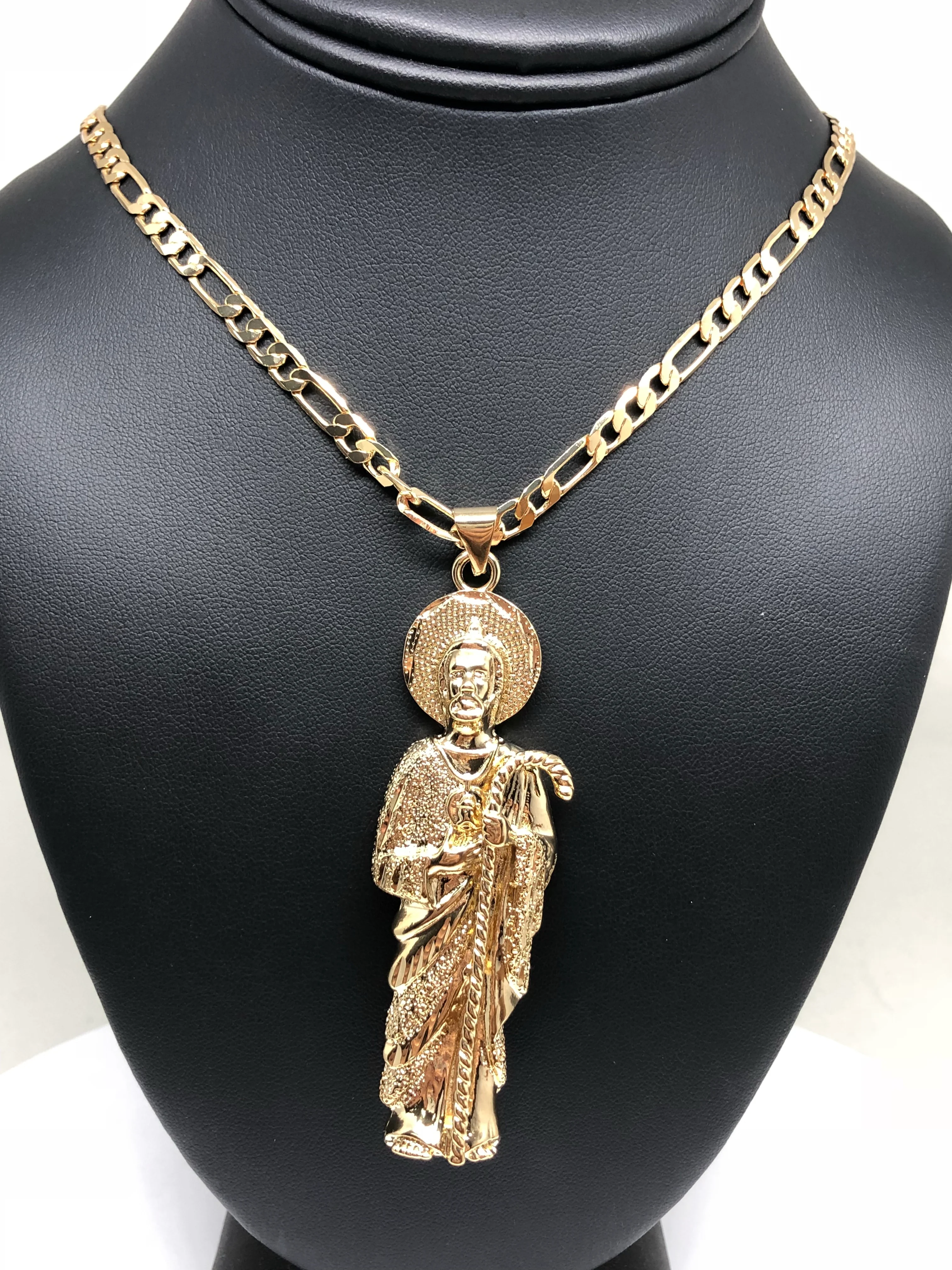 Gold Plated Big Saint Jude Pendant Necklace Figaro 26" San Judas Tadeo Medalla XL Cadena Oro - Image 7