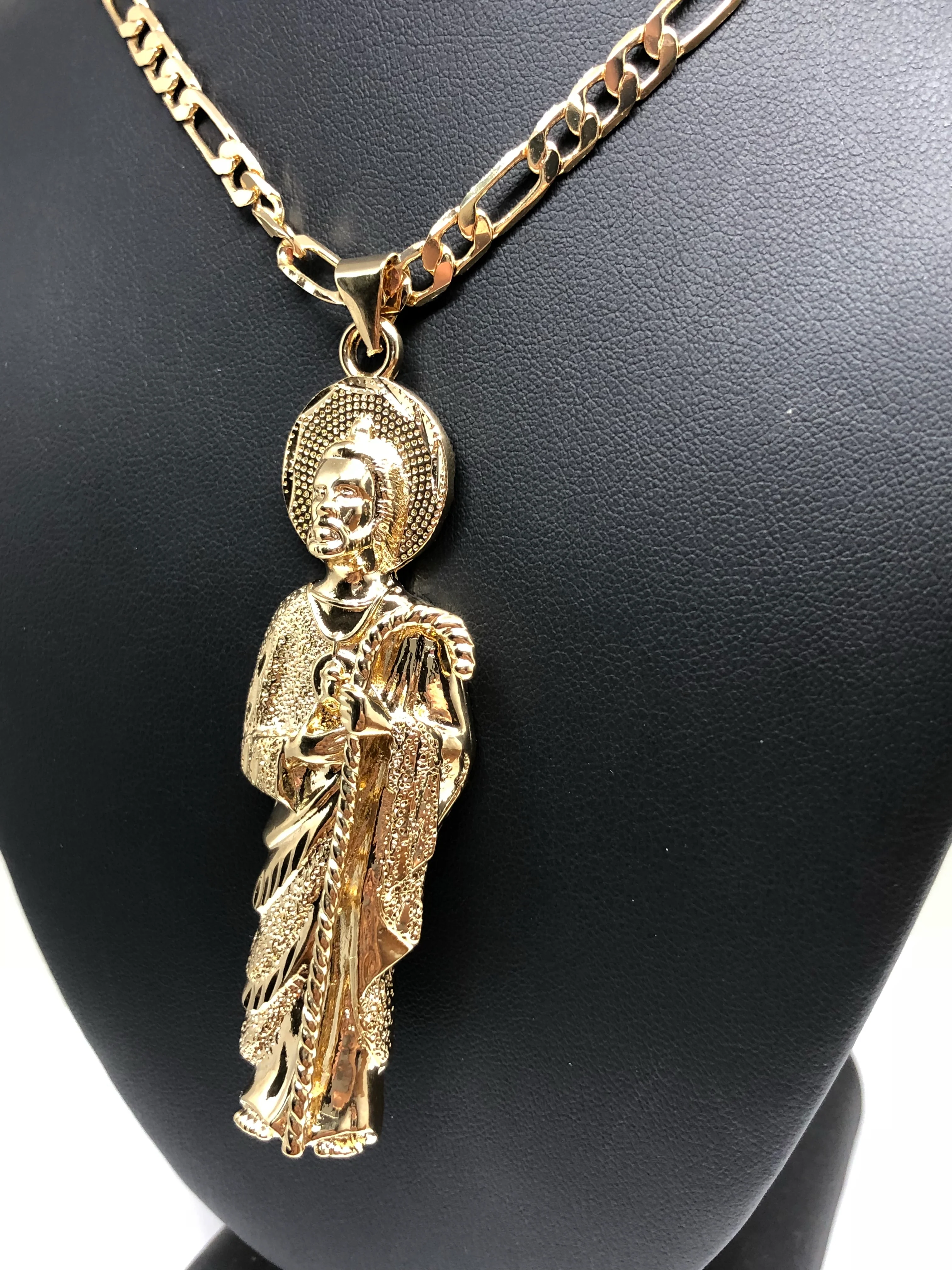 Gold Plated Big Saint Jude Pendant Necklace Figaro 26" San Judas Tadeo Medalla XL Cadena Oro - Image 8