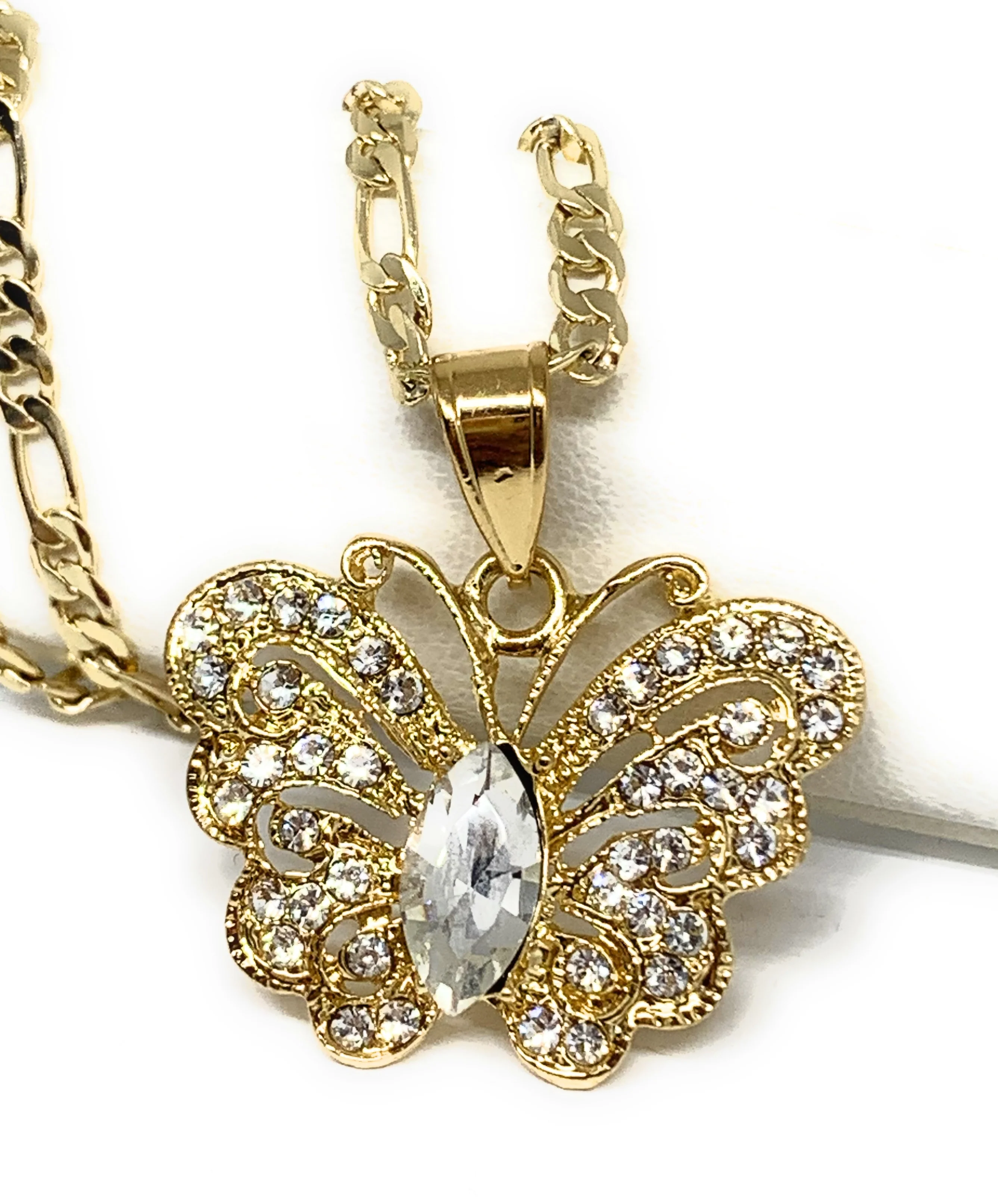 Gold Plated Butterfly CZ Pendant Necklace Chain 24”