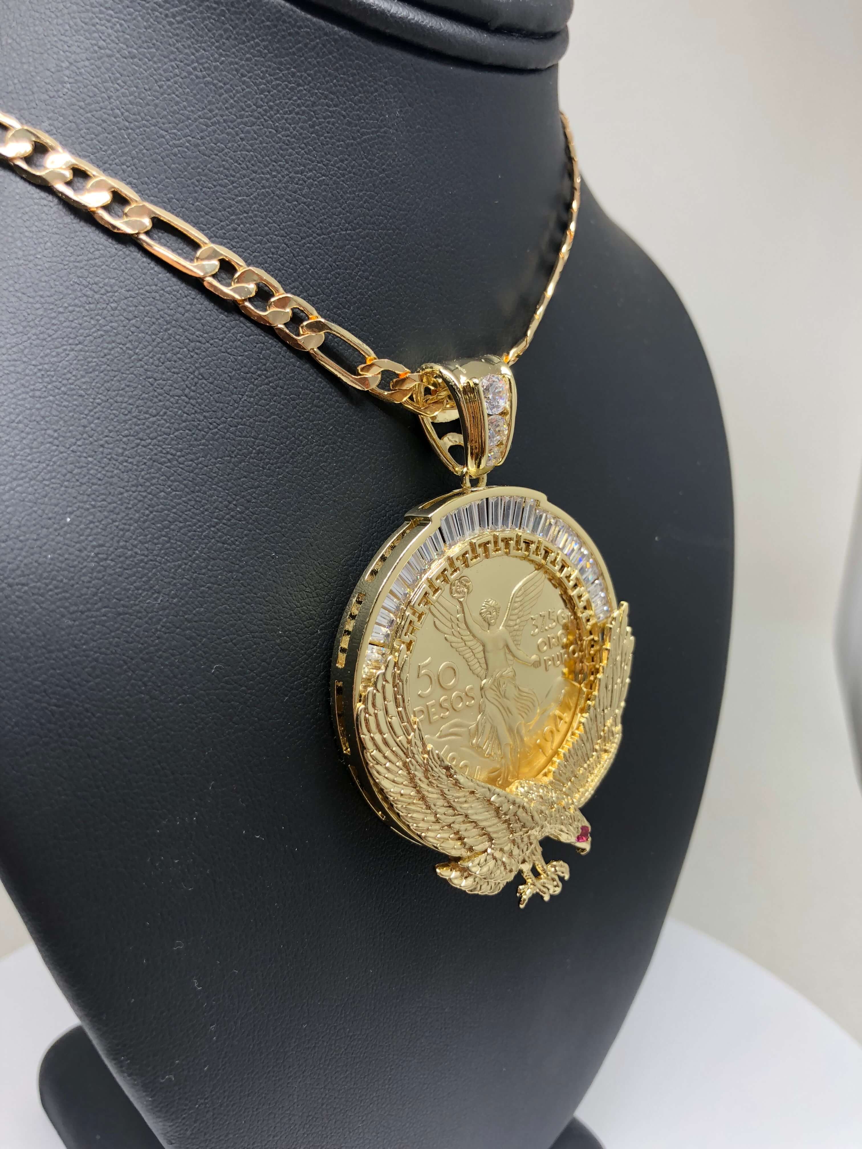 Gold Plated Coin Eagle Centenario Mexicano Moneda 50 Pesos Pendant Chain CZ Oro Cadena 26" - Image 6