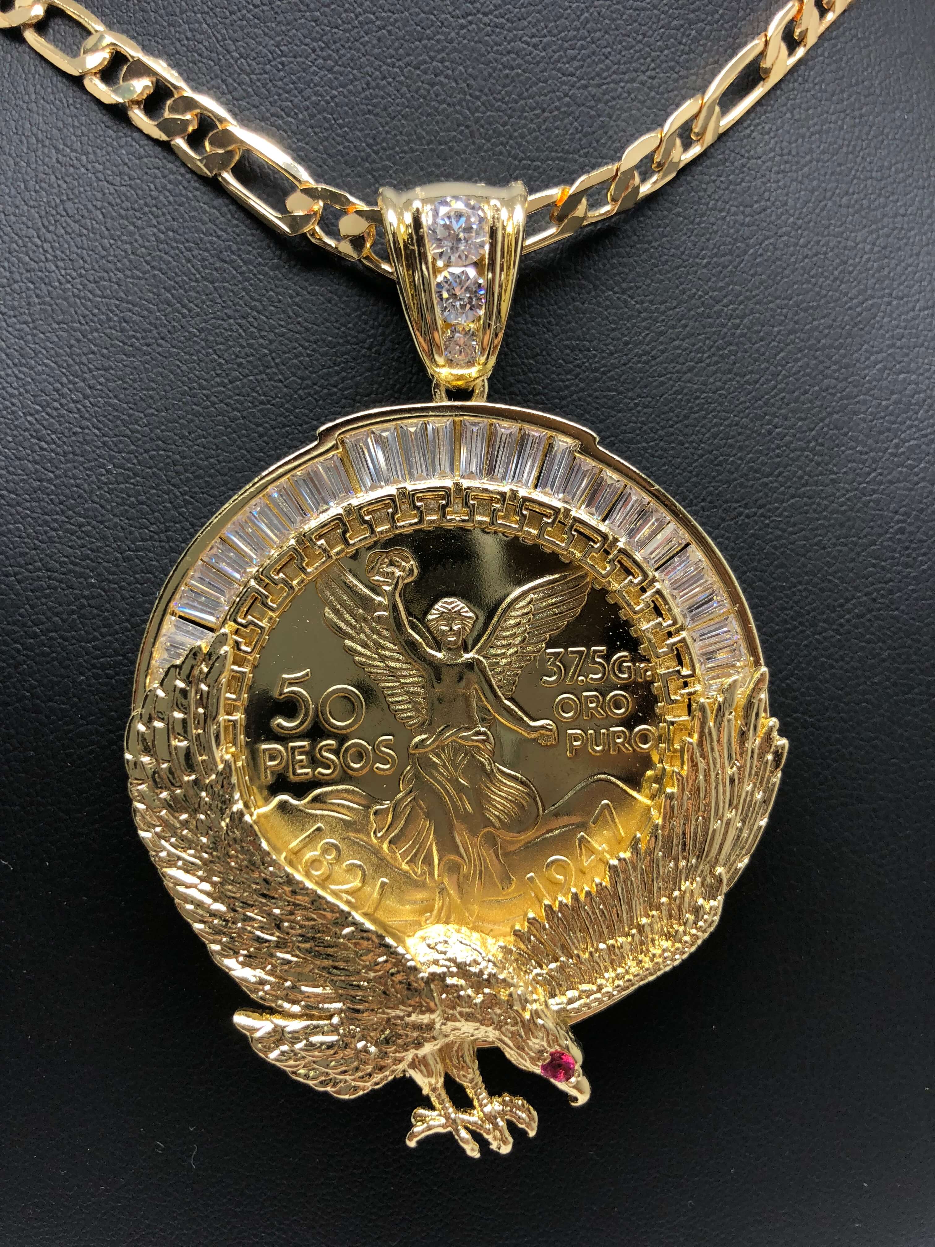 Gold Plated Coin Eagle Centenario Mexicano Moneda 50 Pesos Pendant Chain CZ Oro Cadena 26" - Image 7