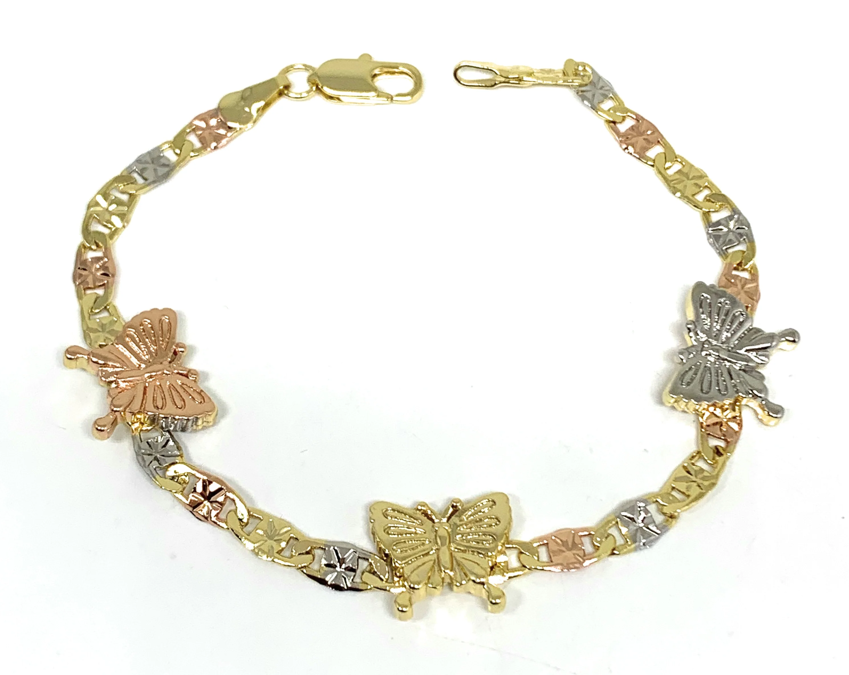 Gold Plated Tri-Color Butterfly Charm Bracelet 7.5 Inch Valentina Bracelet - Image 2