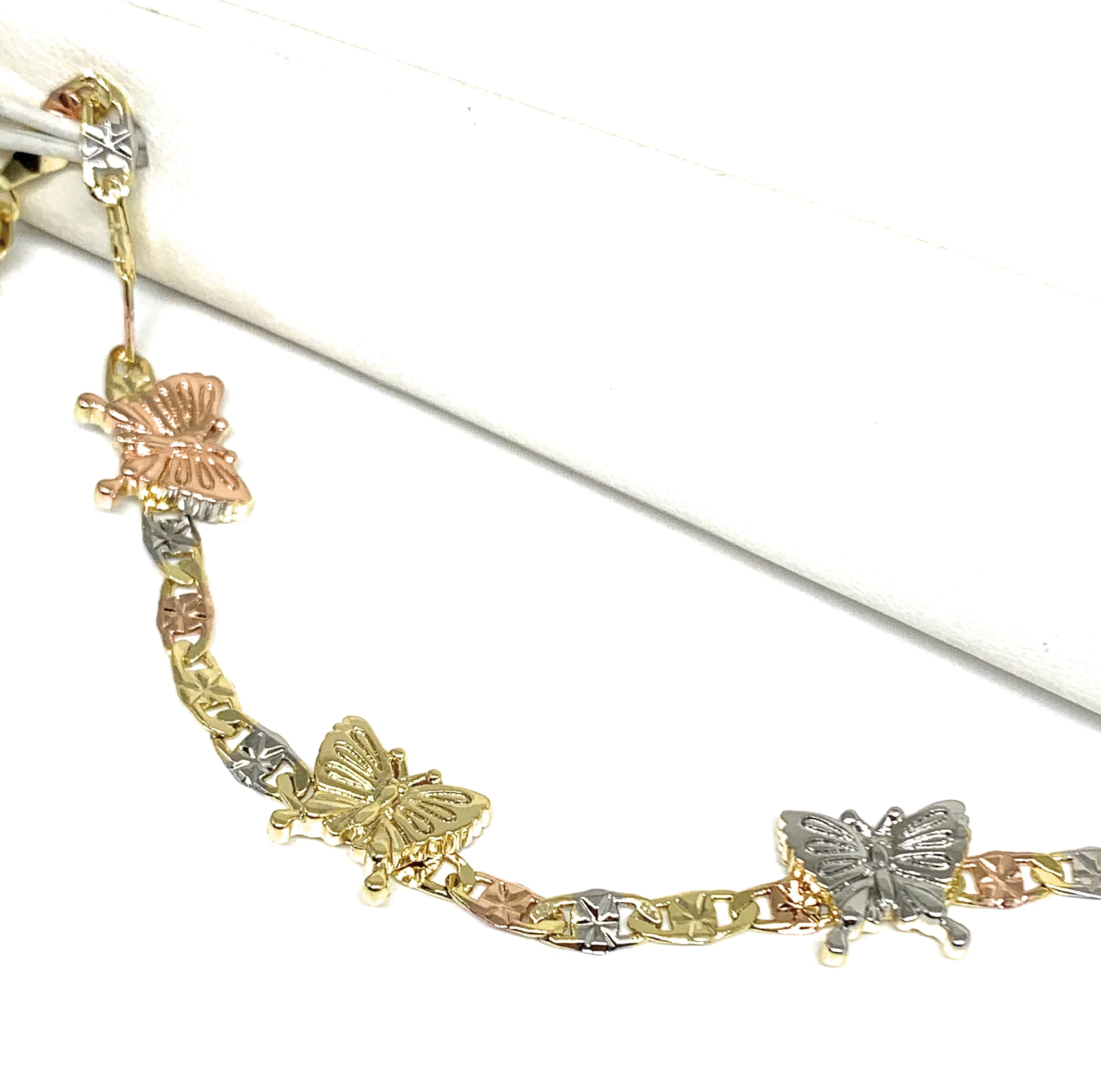 Gold Plated Tri-Color Butterfly Charm Bracelet 7.5 Inch Valentina Bracelet - Image 4