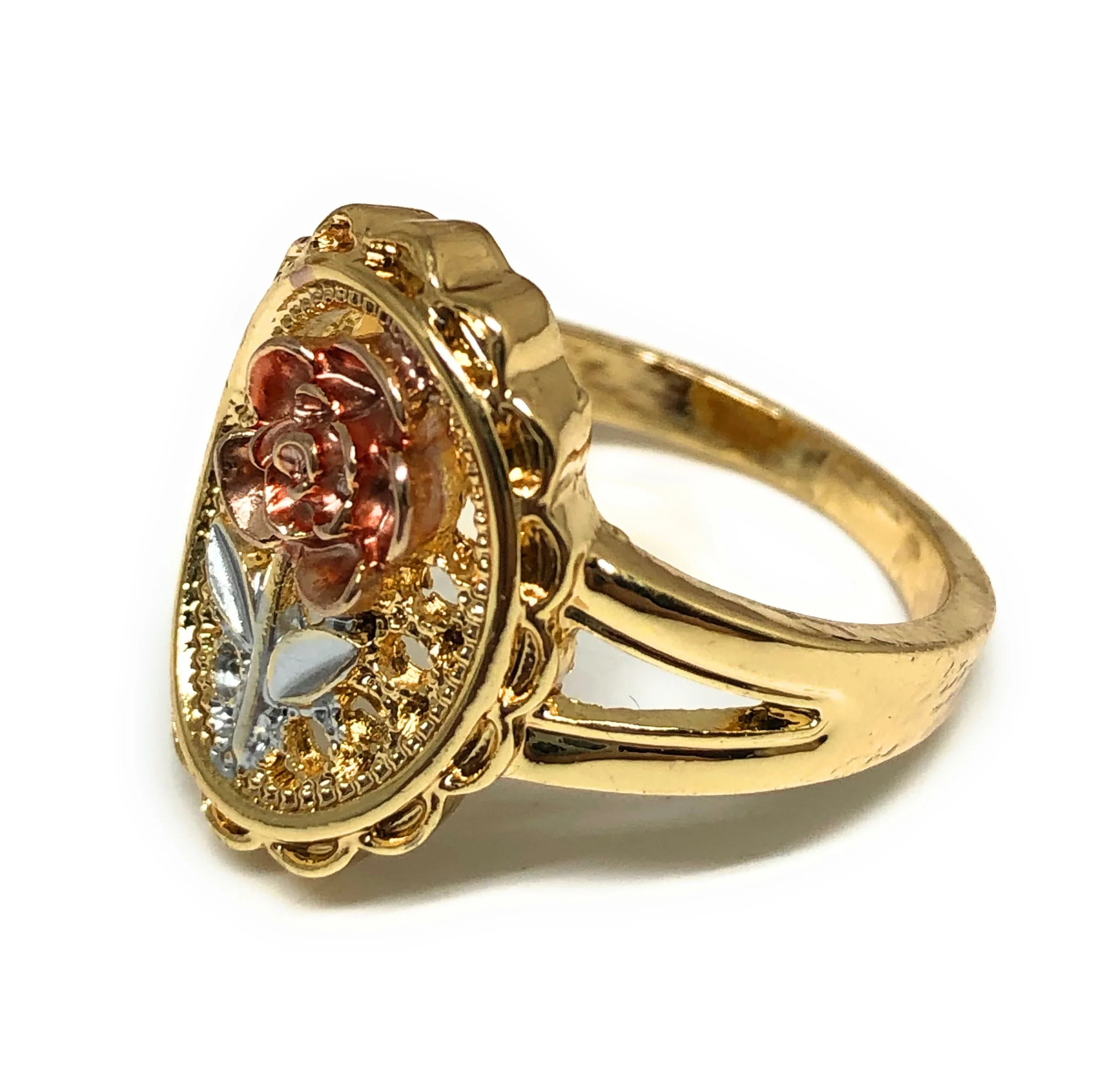 Gold Plated Tri-Color Flower Ring Anillo - Image 2