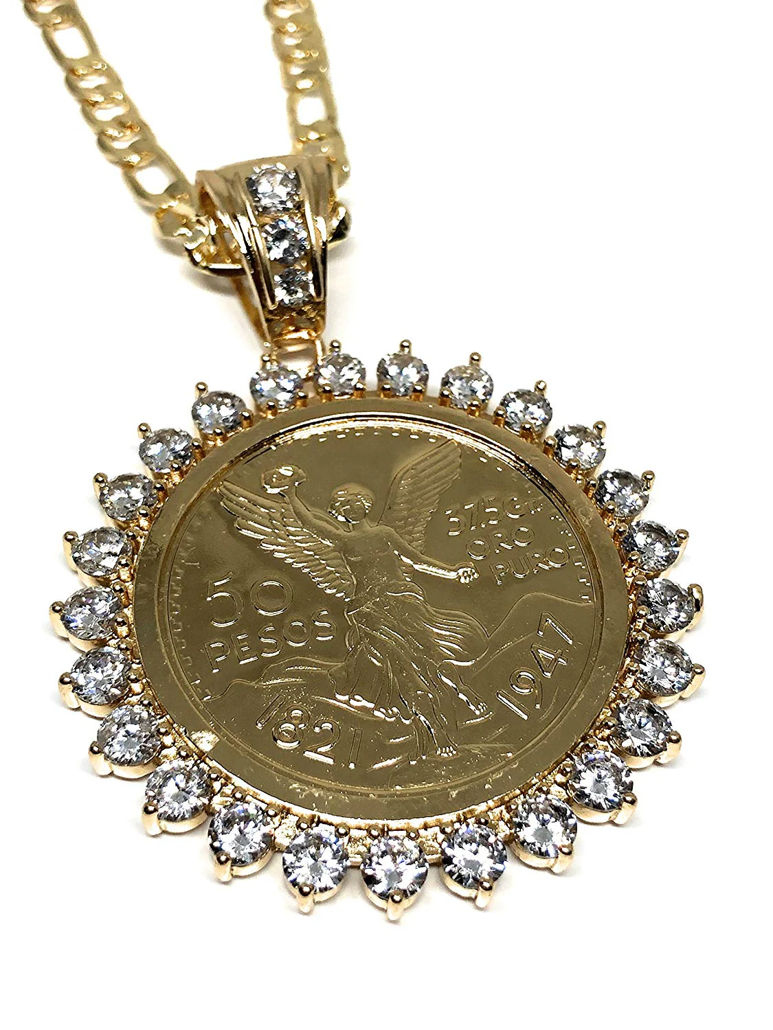 Gold Plated Coin Centenario Mexicano Moneda 50 Pesos Pendant Chain CZ Oro Cadena 26" - Image 3