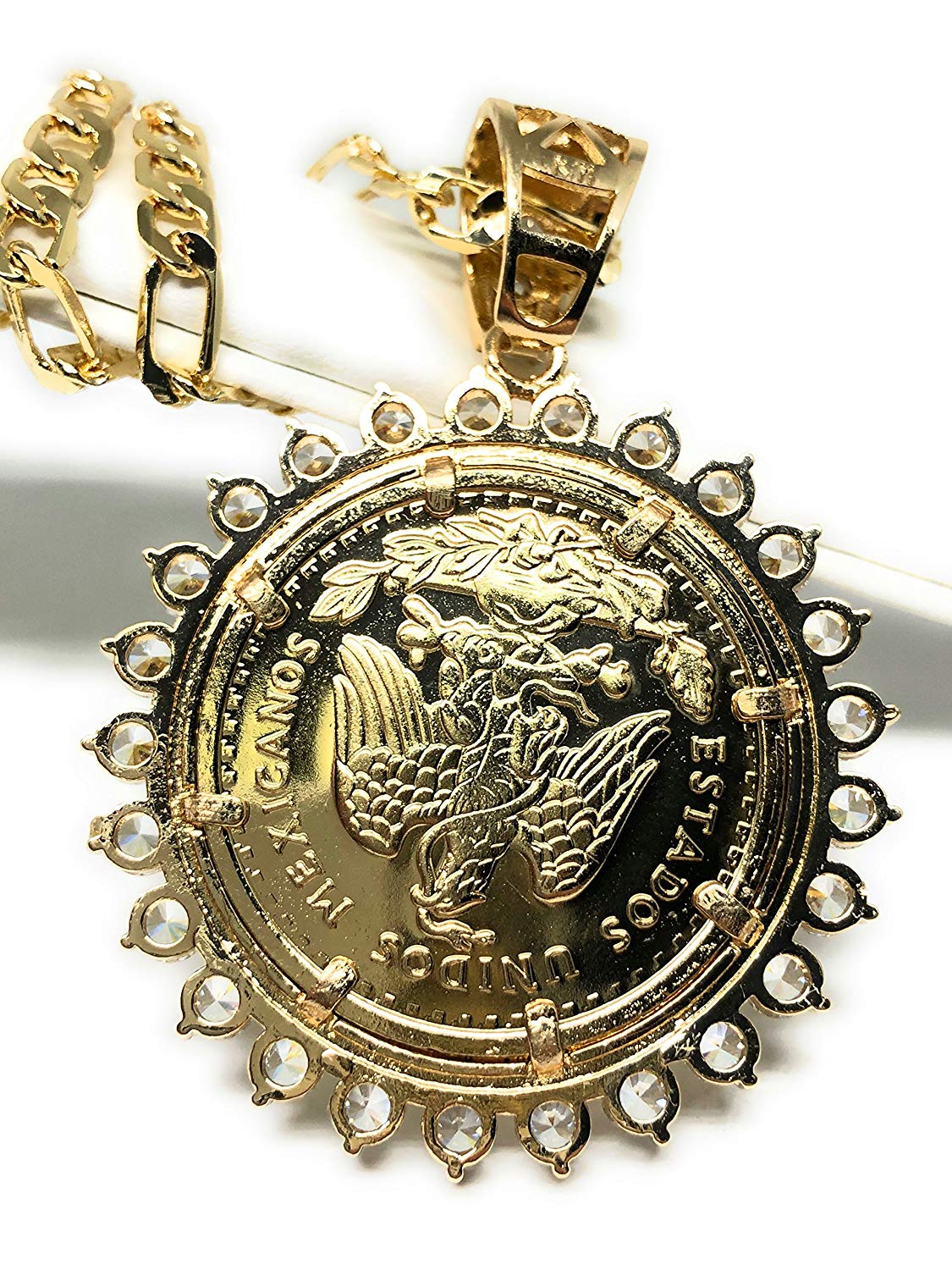 Gold Plated Coin Centenario Mexicano Moneda 50 Pesos Pendant Chain CZ Oro Cadena 26" - Image 4