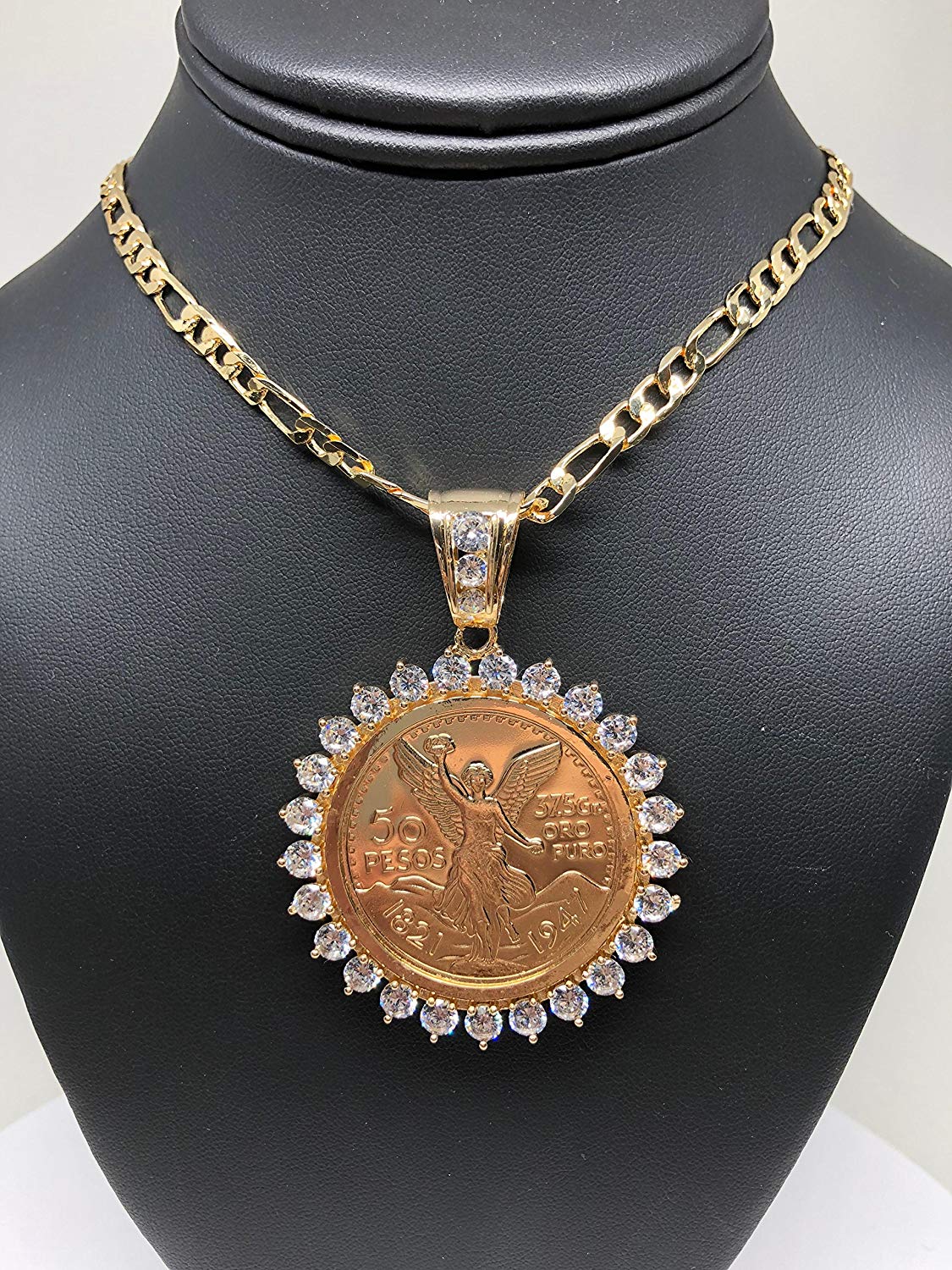 Gold Plated Coin Centenario Mexicano Moneda 50 Pesos Pendant Chain CZ Oro Cadena 26" - Image 5