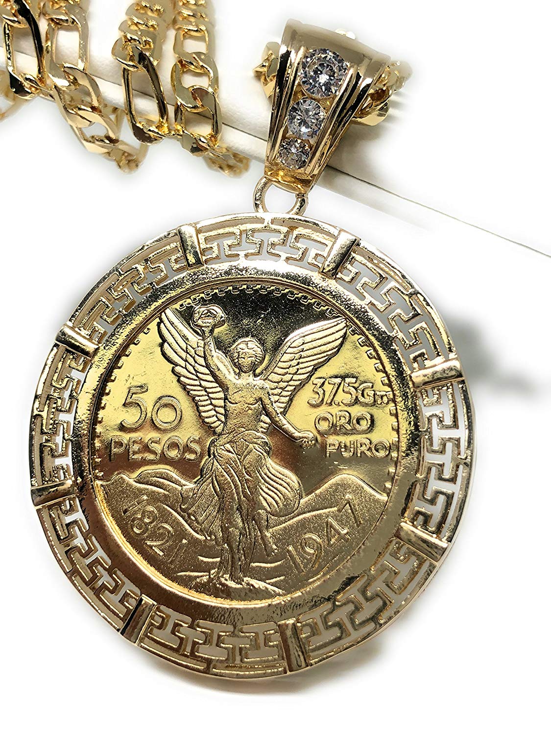 Gold Plated Coin Centenario Mexicano Moneda 50 Pesos Pendant Chain CZ Oro Cadena 26"