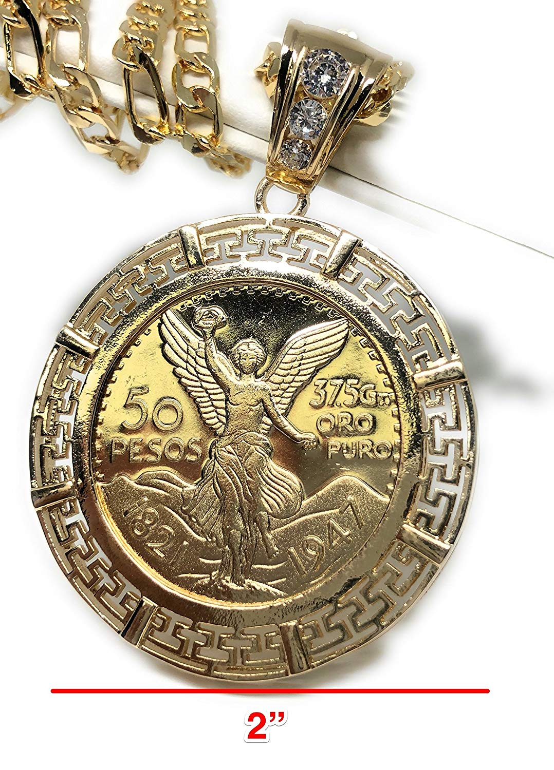 Gold Plated Coin Centenario Mexicano Moneda 50 Pesos Pendant Chain CZ Oro Cadena 26" - Image 2