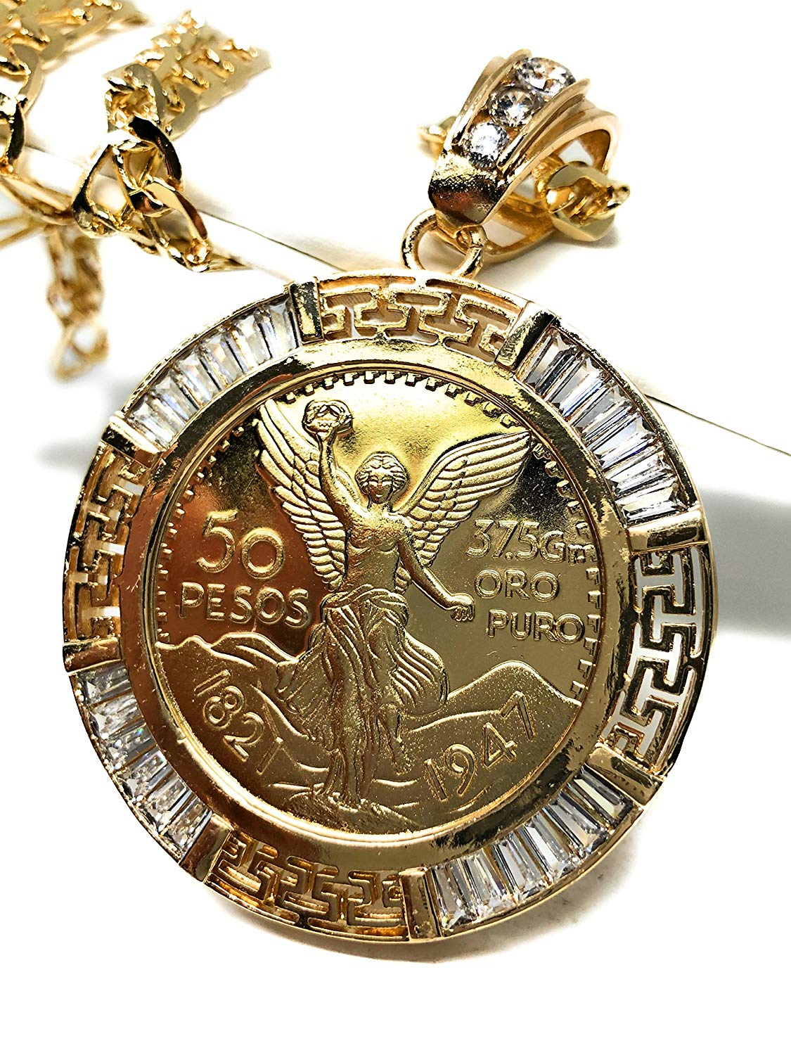 Gold Plated Coin Centenario Mexicano Moneda 50 Pesos Pendant Chain CZ Oro Cadena 26"