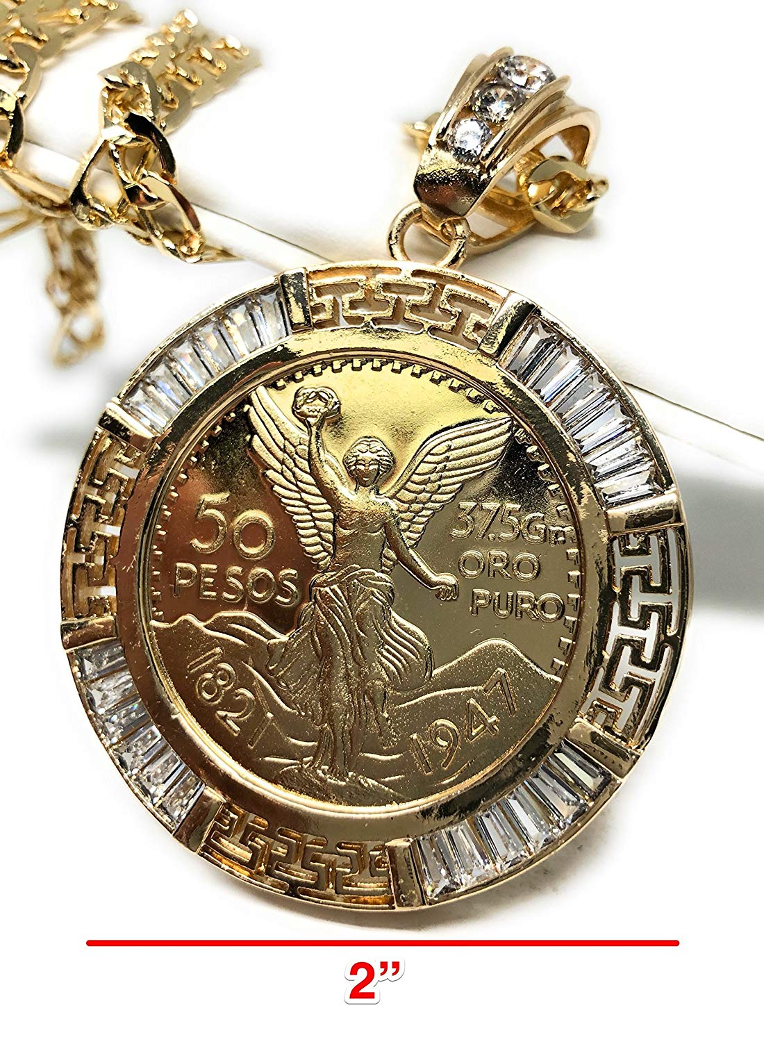 Gold Plated Coin Centenario Mexicano Moneda 50 Pesos Pendant Chain CZ Oro Cadena 26" - Image 2