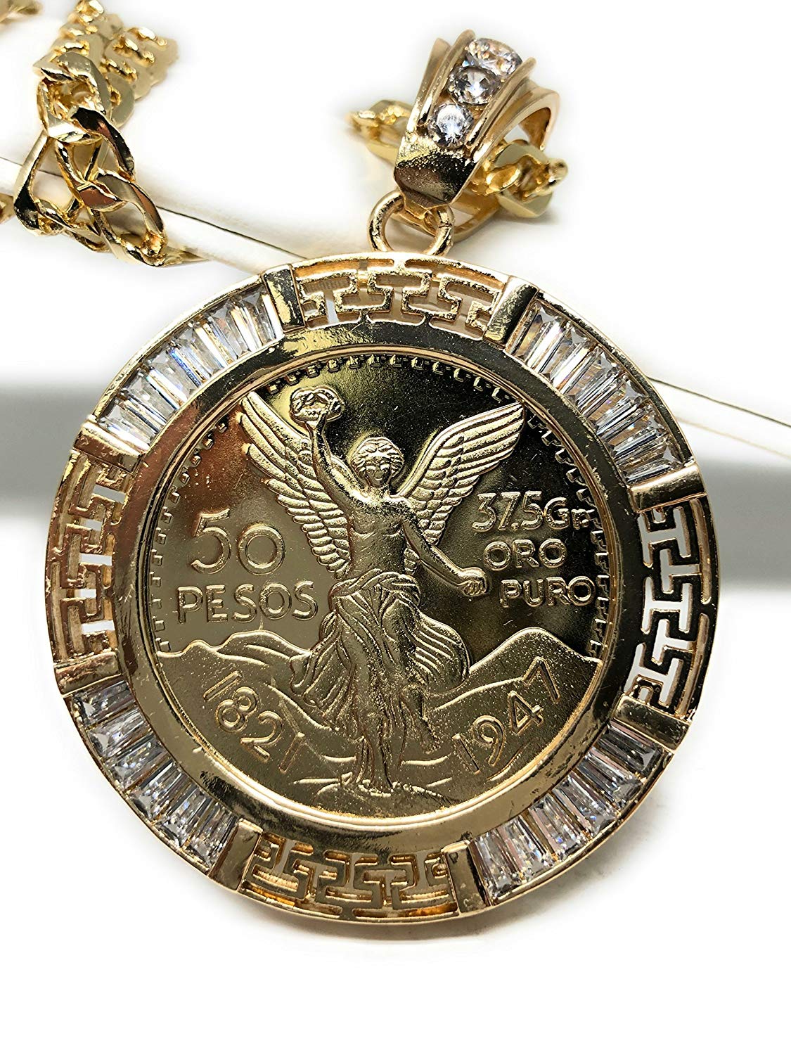 Gold Plated Coin Centenario Mexicano Moneda 50 Pesos Pendant Chain CZ Oro Cadena 26" - Image 3