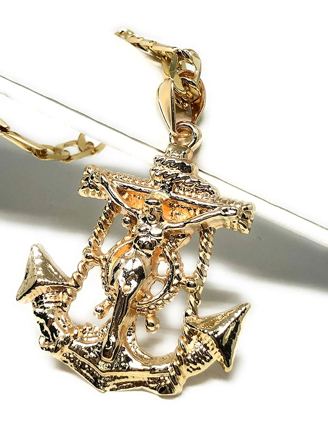 Gold Plated Jesus Crucifix Anchor Pendant Necklace 26"  / Jesus Ancla Crucifijo Cadena Oro Laminado - Image 3