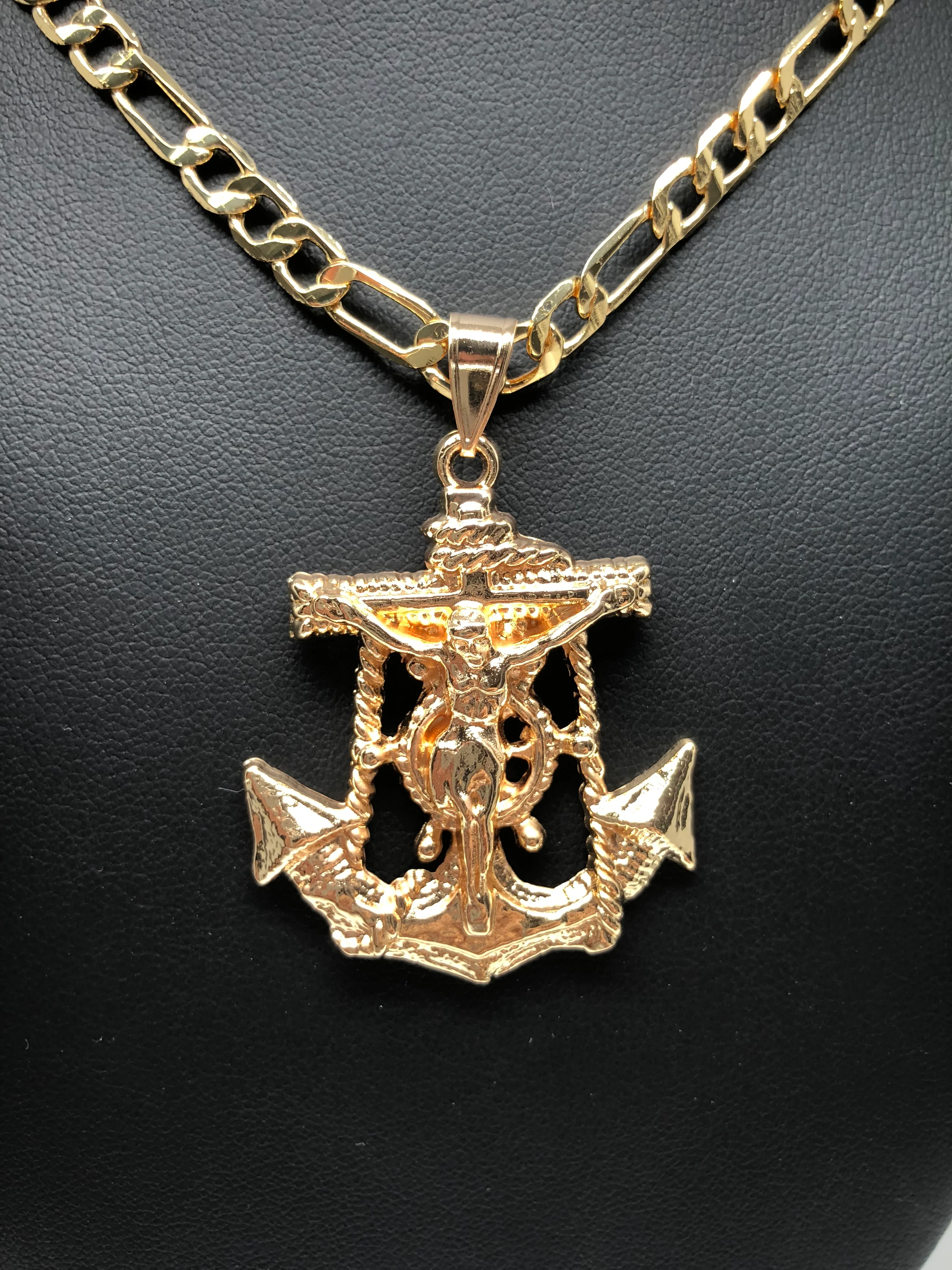 Gold Plated Jesus Crucifix Anchor Pendant Necklace 26"  / Jesus Ancla Crucifijo Cadena Oro Laminado - Image 4