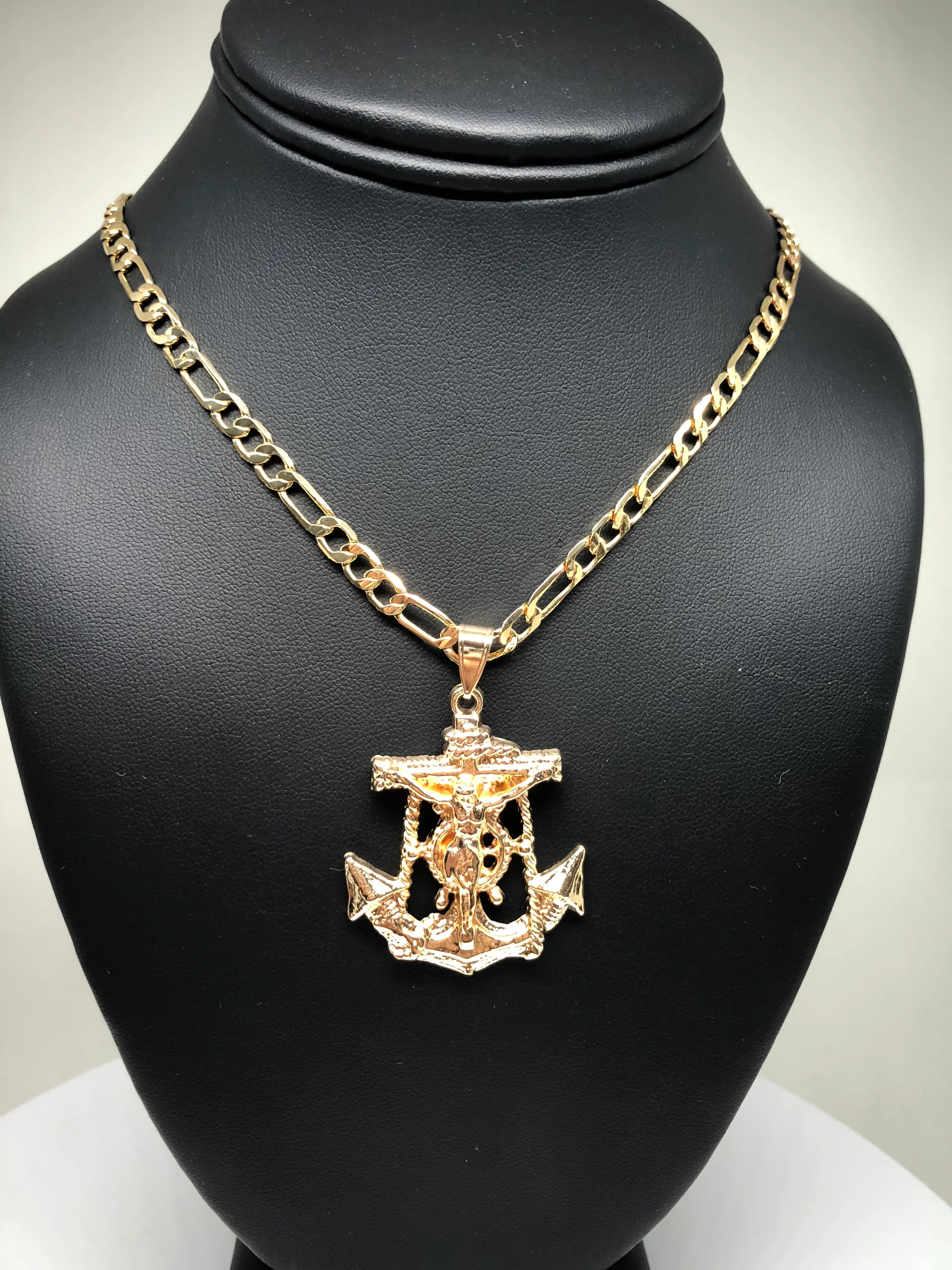 Gold Plated Jesus Crucifix Anchor Pendant Necklace 26"  / Jesus Ancla Crucifijo Cadena Oro Laminado - Image 5