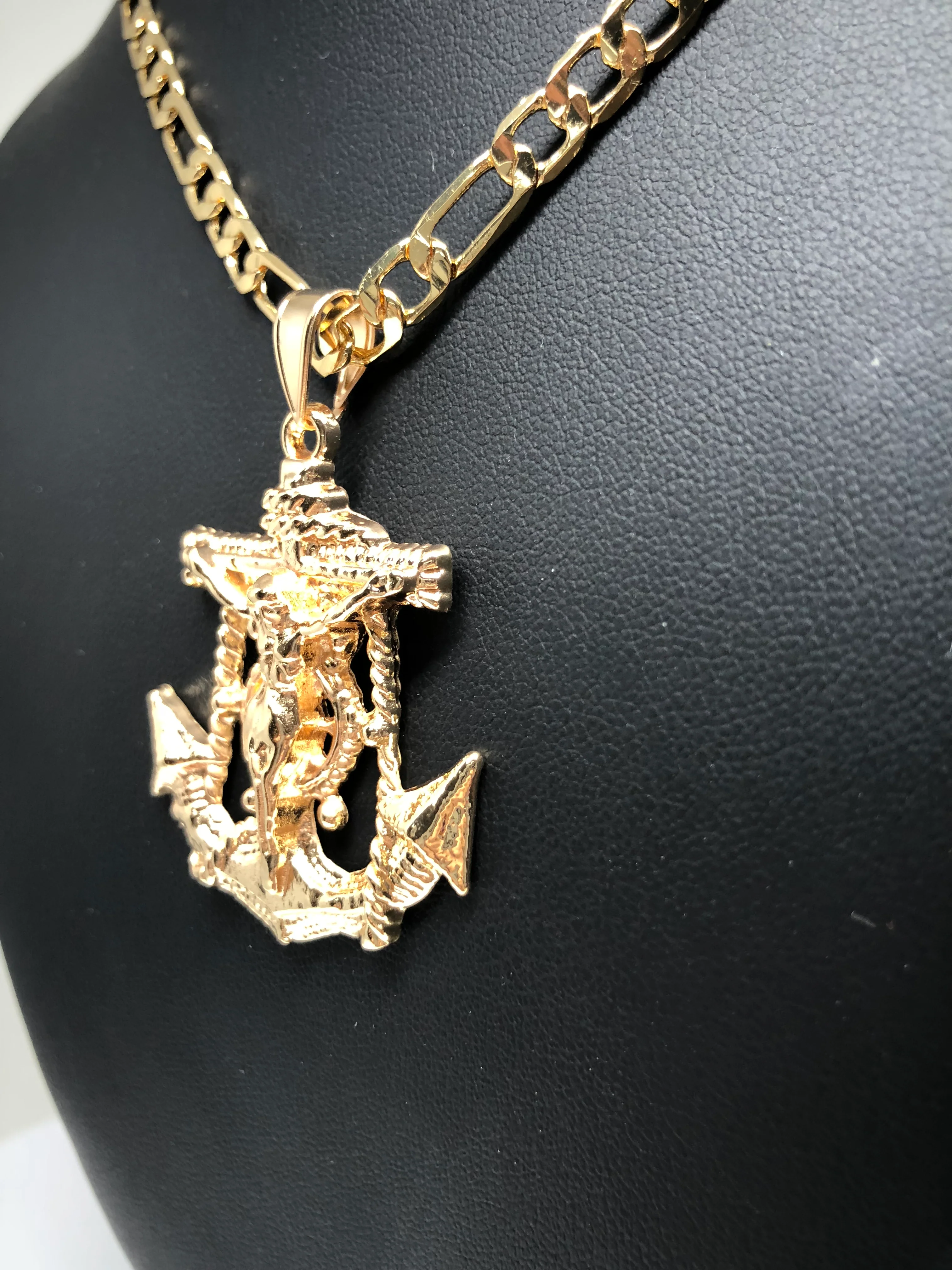 Gold Plated Jesus Crucifix Anchor Pendant Necklace 26"  / Jesus Ancla Crucifijo Cadena Oro Laminado - Image 7