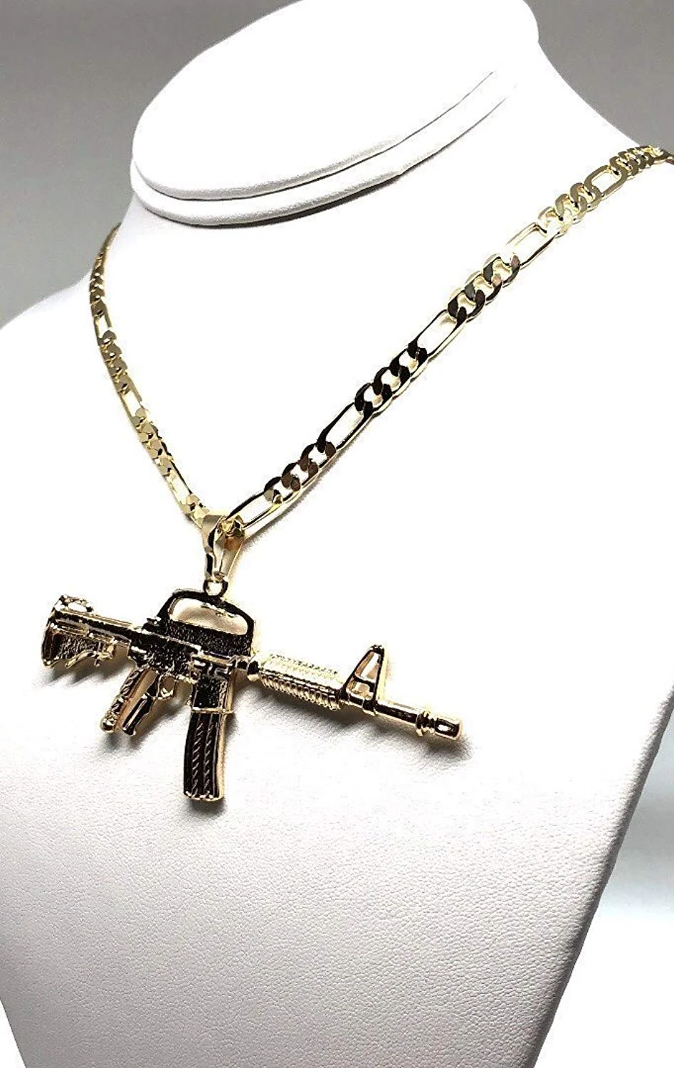 Gold Plated Machine Gun Pendant Necklace Figaro 26" Cuerno de Chivo Medalla Oro Laminado - Image 4