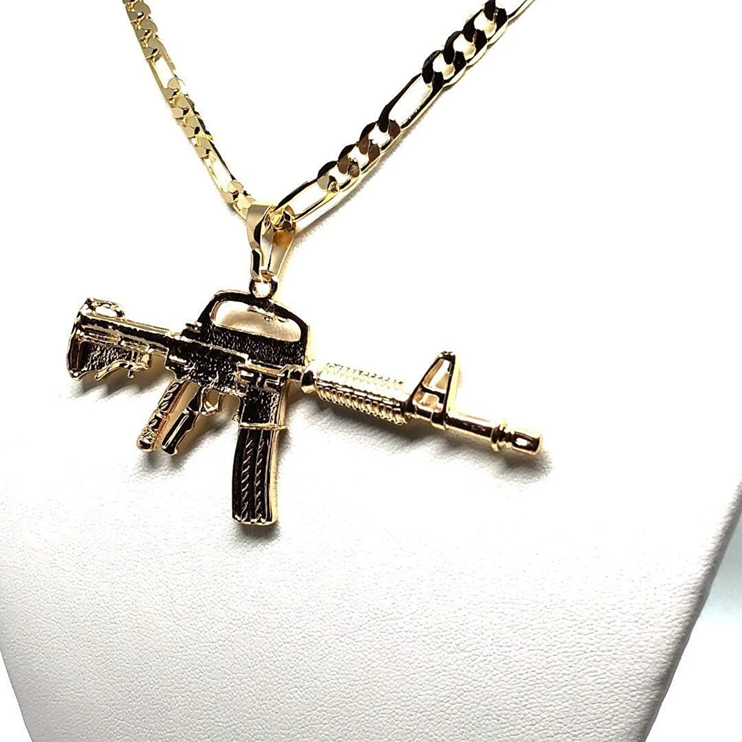 Gold Plated Machine Gun Pendant Necklace Figaro 26" Cuerno de Chivo Medalla Oro Laminado - Image 5