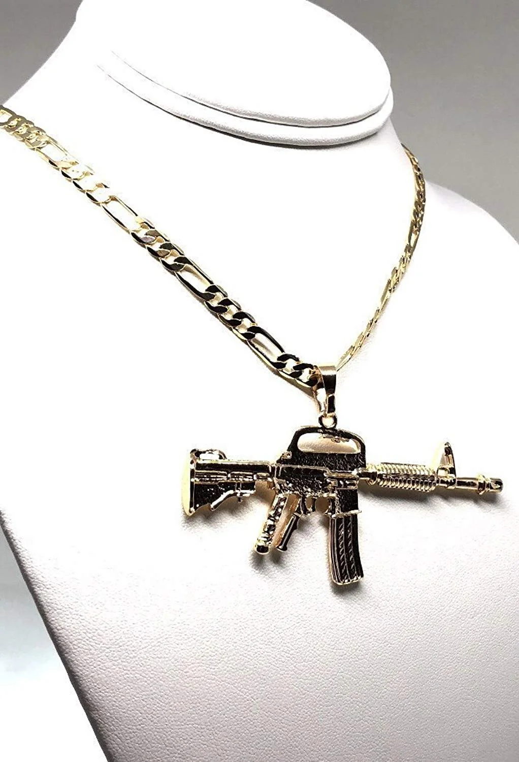 Gold Plated Machine Gun Pendant Necklace Figaro 26" Cuerno de Chivo Medalla Oro Laminado - Image 6