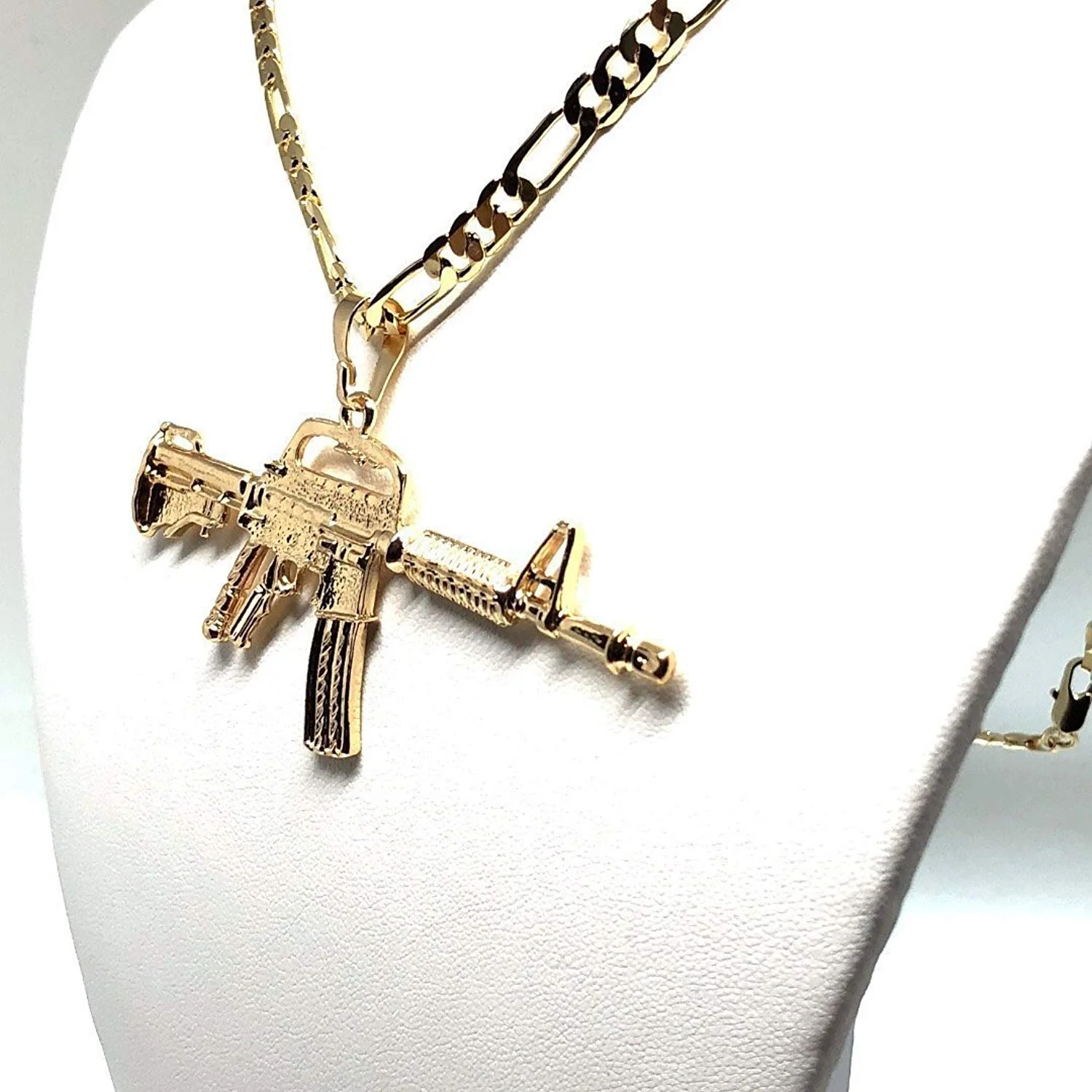 Gold Plated Machine Gun Pendant Necklace Figaro 26" Cuerno de Chivo Medalla Oro Laminado - Image 7